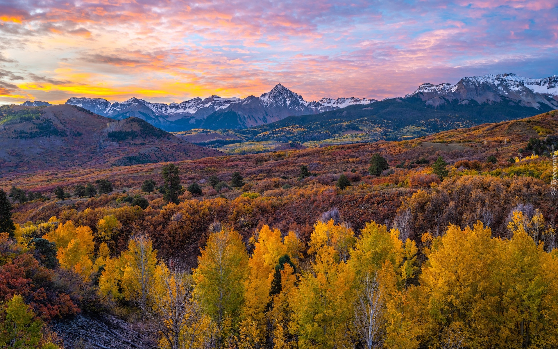 Stany Zjednoczone, Kolorado, Góry, San Juan Mountains, Jesień, Drzewa, Lasy