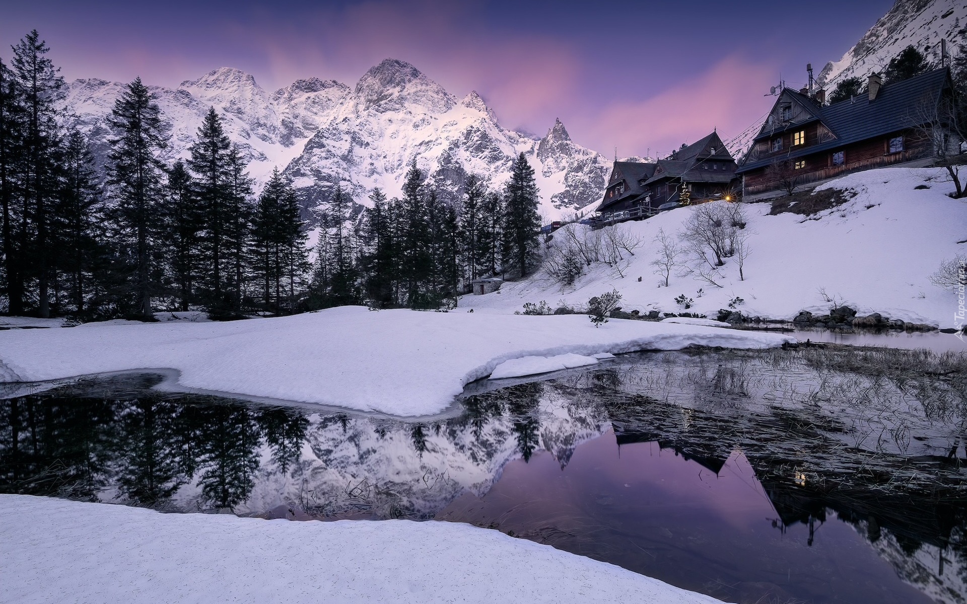 Polska, Góry, Tatry, Jezioro, Morskie Oko, Zima, Drzewa, Domy