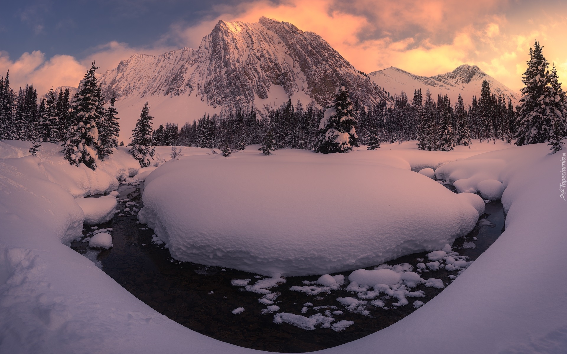 Zima, Góry, Canadian Rockies, Rzeka, Drzewa, Wschód słońca, Chmury, Kanada