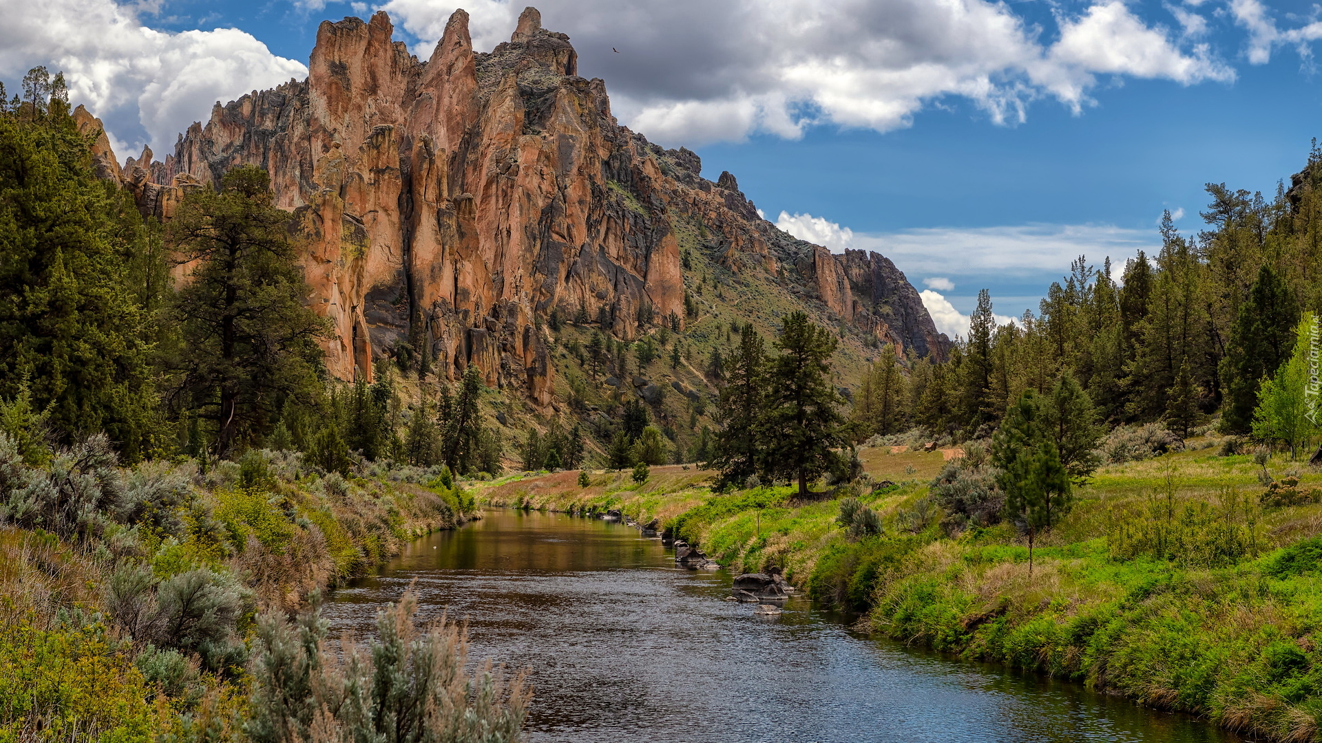 Smith Rock State Park, Góry, Smith Rock, Drzewa, Skały, Rzeka Crooked River, Stan Oregon, Stany Zjednoczone