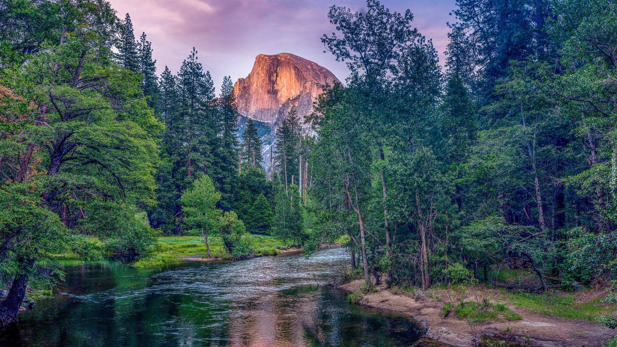 Stany Zjednoczone, Kalifornia, Park Narodowy Yosemite, Skały, Rzeka, Merced River, Góry, Sierra Nevada, Half Dome, Drzewa