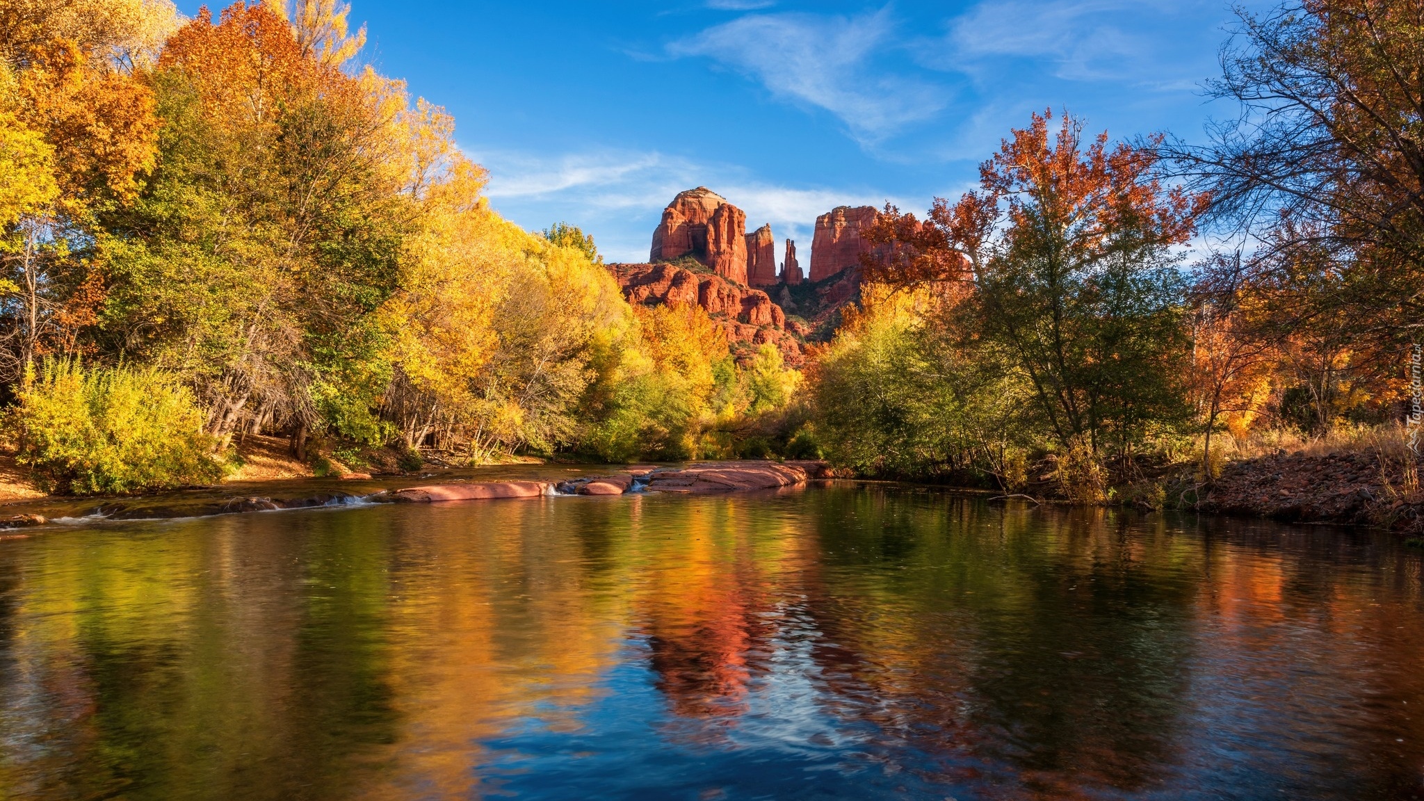 Stany Zjednoczone, Arizona, Skały, Cathedral Rock, Rzeka, Jesień, Drzewa