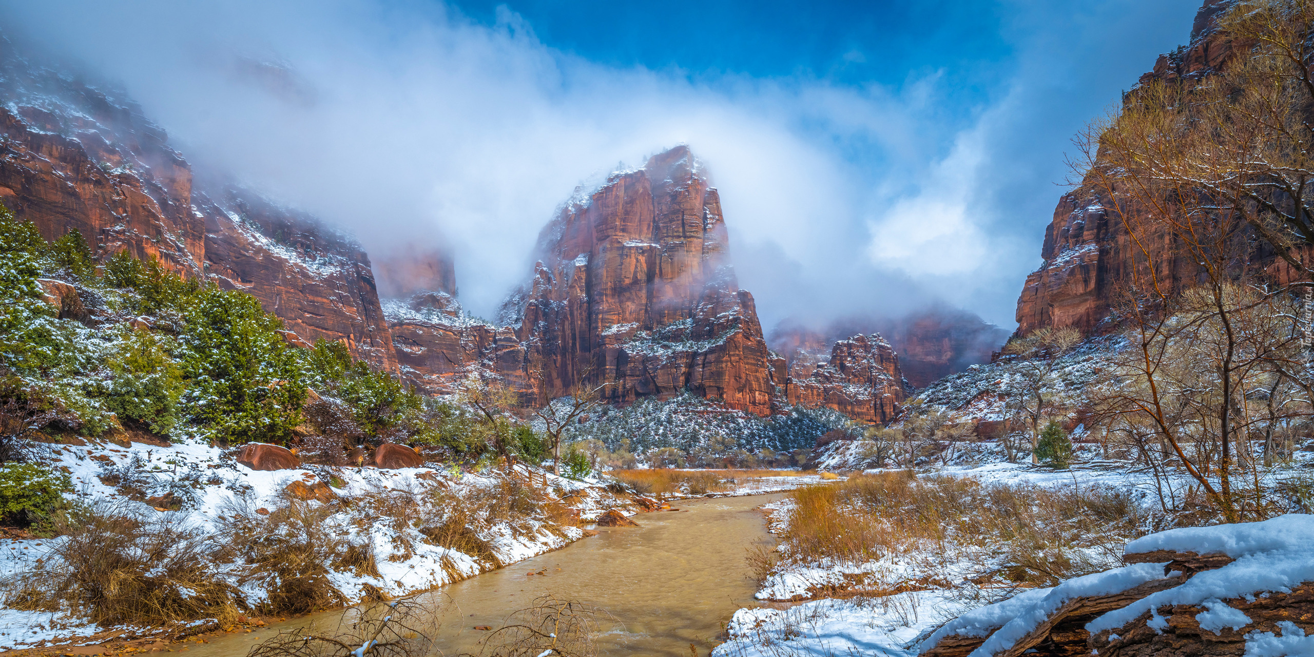 Stany Zjednoczone, Utah, Park Narodowy Zion, Rzeka, Virgin River, Góry, Skały, Mgła