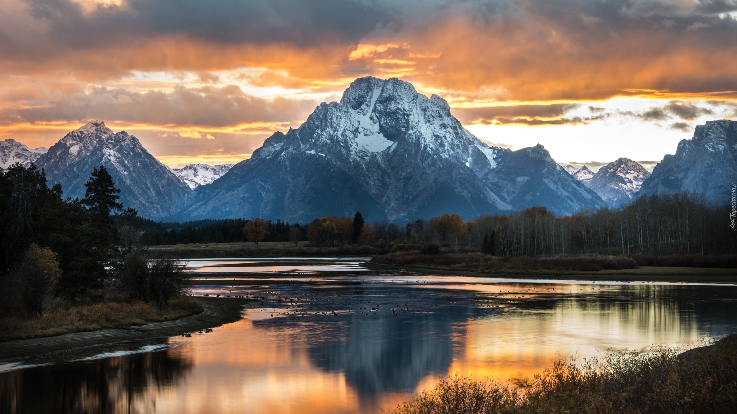 Stany Zjednoczone, Stan Wyoming, Park Narodowy Grand Teton, Góry, Szczyt Mount Moran, Drzewa, Las, Chmury, Rzeka Snake River, Odbicie