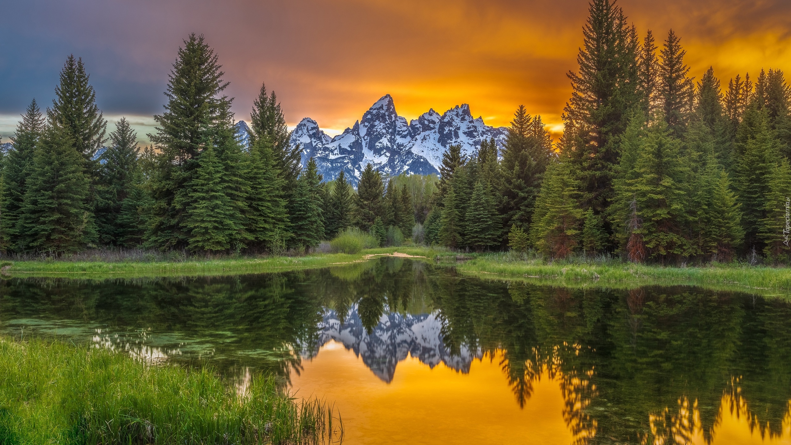 Drzewa, Góry, Teton Range, Rzeka, Snake River, Odbicie, Zachód słońca, Park Narodowy Grand Teton, Stan Wyoming, Stany Zjednoczone