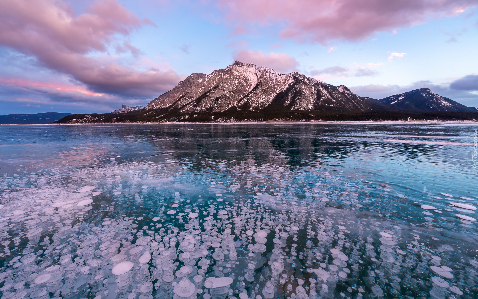 Góry, Góra Mount Michener, Zamarznięte, Jezioro Abraham, Zachód słońca, Alberta, Kanada