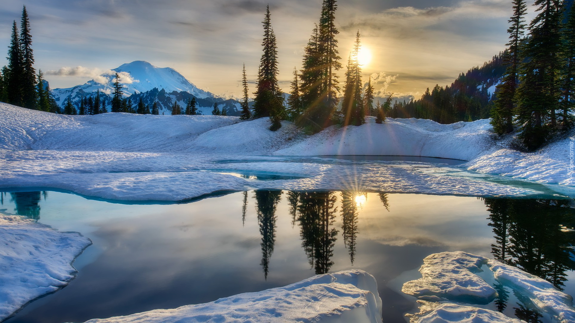 Zima, Jezioro Tipsoo, Drzewa, Zachód słońca, Park Narodowy Mount Rainier, Góry, Stratowulkan Mount Rainier, Stan Waszyngton, Stany Zjednoczone