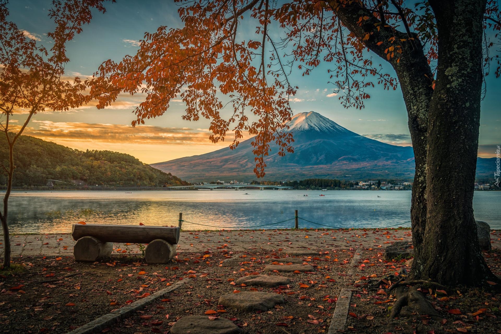 Góra Fudżi, Jezioro, Lake Kawaguchi, Brzeg, Drzewa, Ława, Liście, Chmury, Jesień, Wyspa Honsiu, Japonia