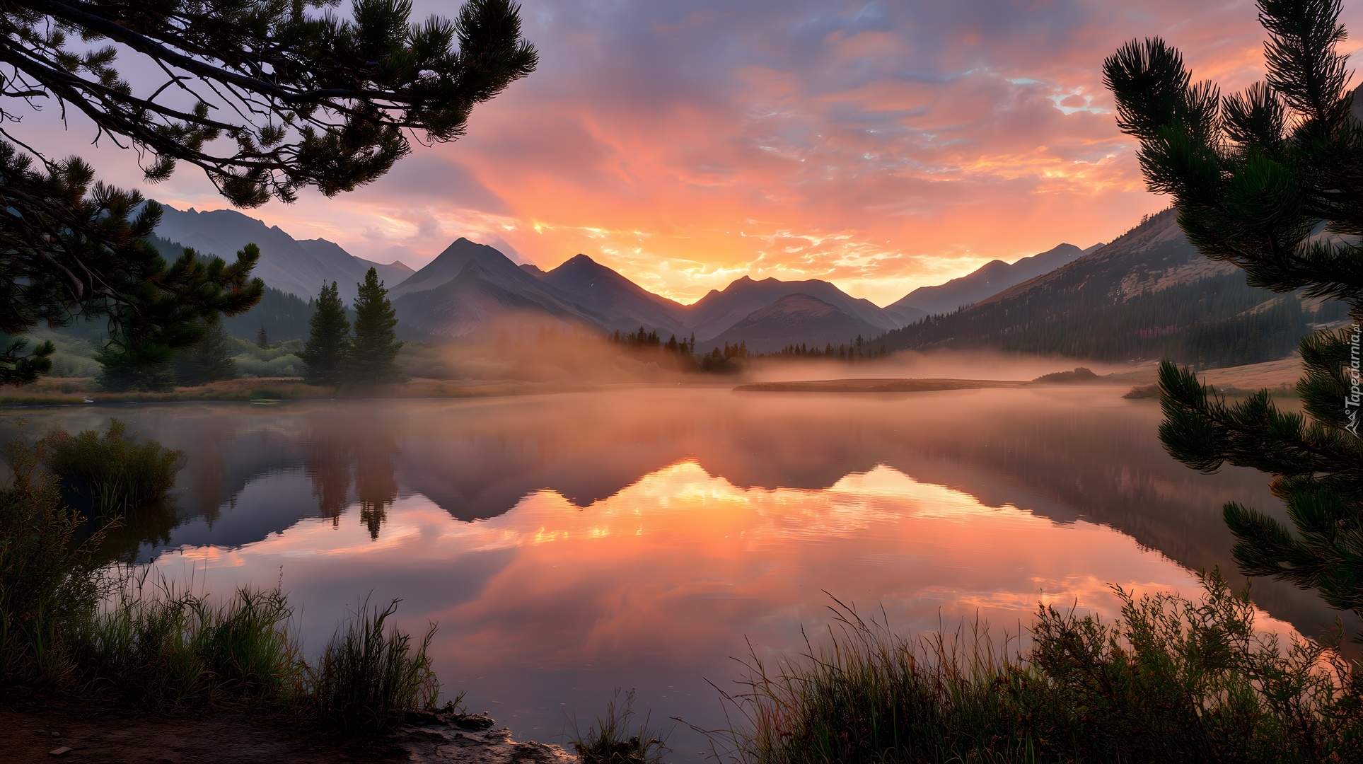 Gałęzie, Jezioro, Góry, Zachód słońca, Grafika AI