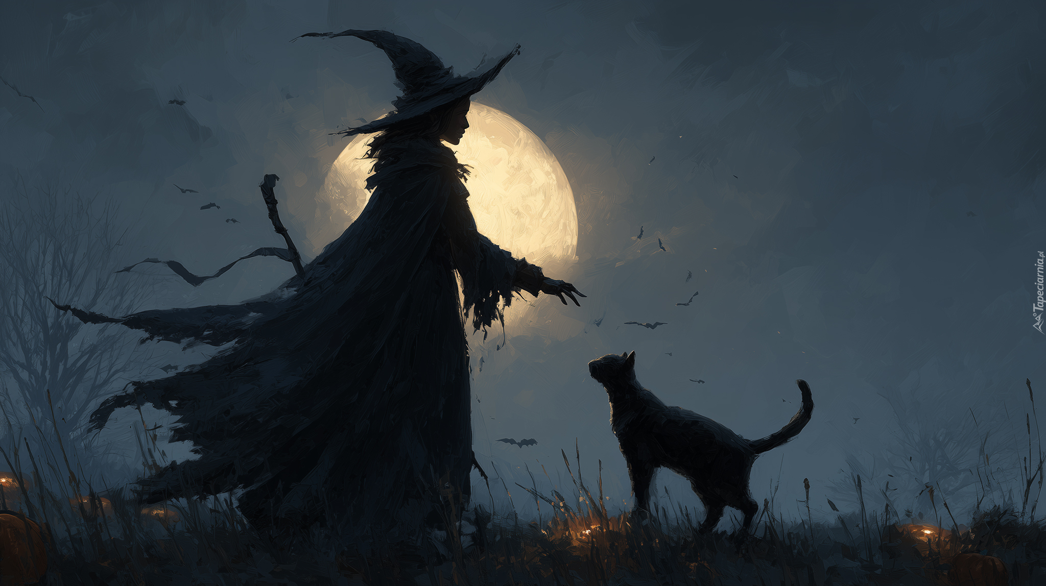 Wiedźma, Czarny, Kot, Księżyc, Halloween, Grafika AI