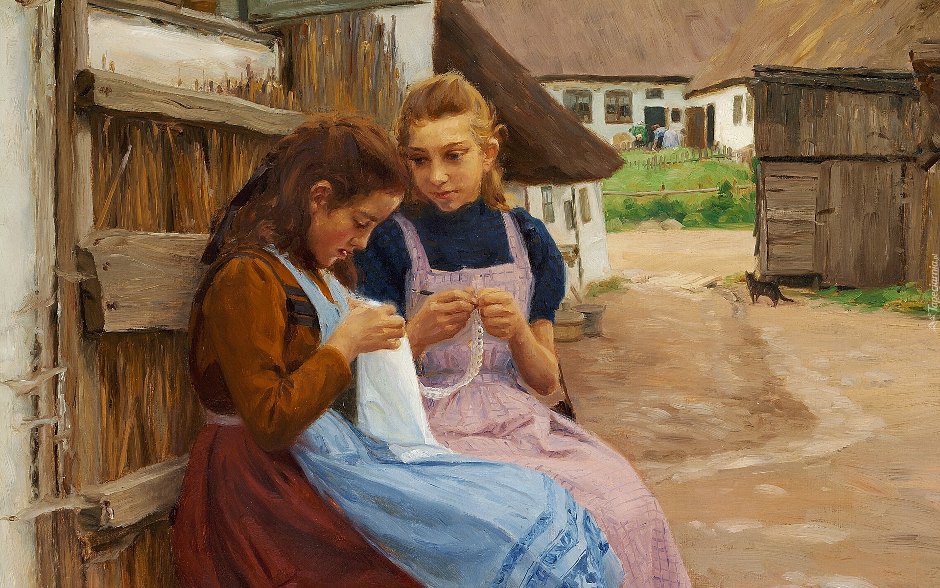 Wieś, Podwórze, Dziewczyny, Robótki ręczne, Malarstwo, Obraz, Hans Andersen Bradekilde