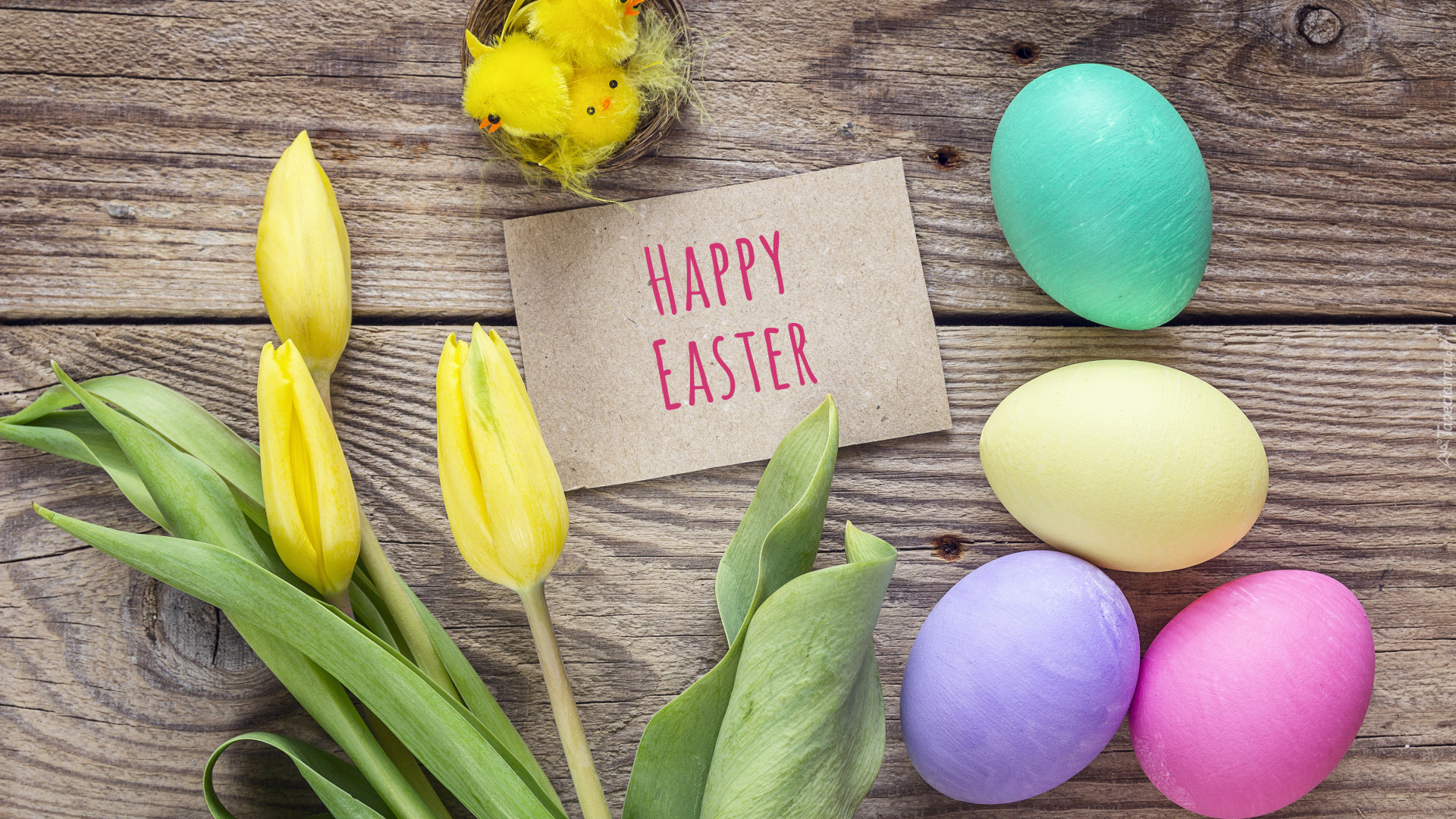 Wielkanoc, Kwiaty, Tulipany, Kolorowe, Pisanki, Kurczaki, Napis, Happy Easter