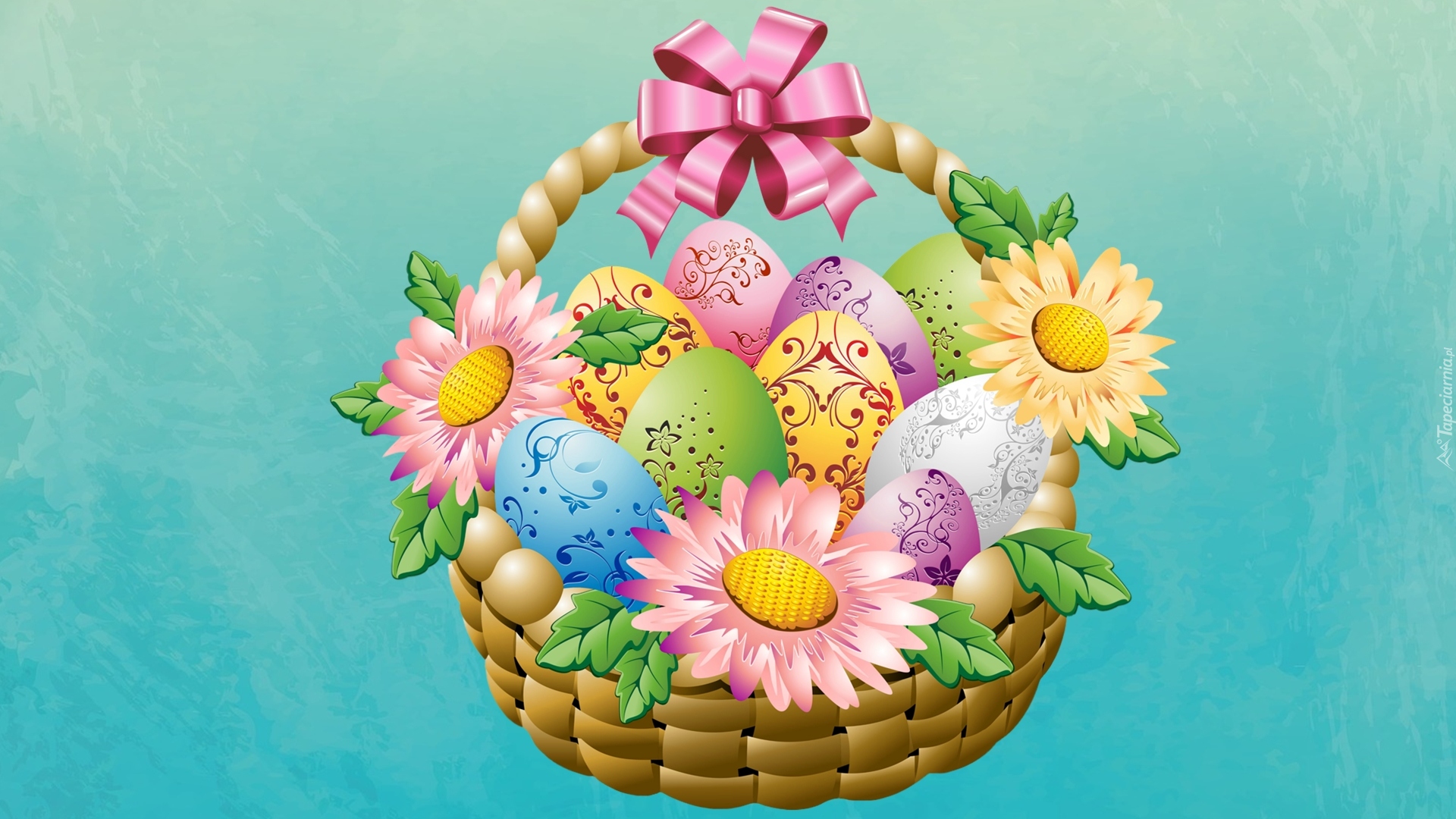 Wielkanoc, Koszyk, Jajka, Pisanki, Kwiaty, 2D