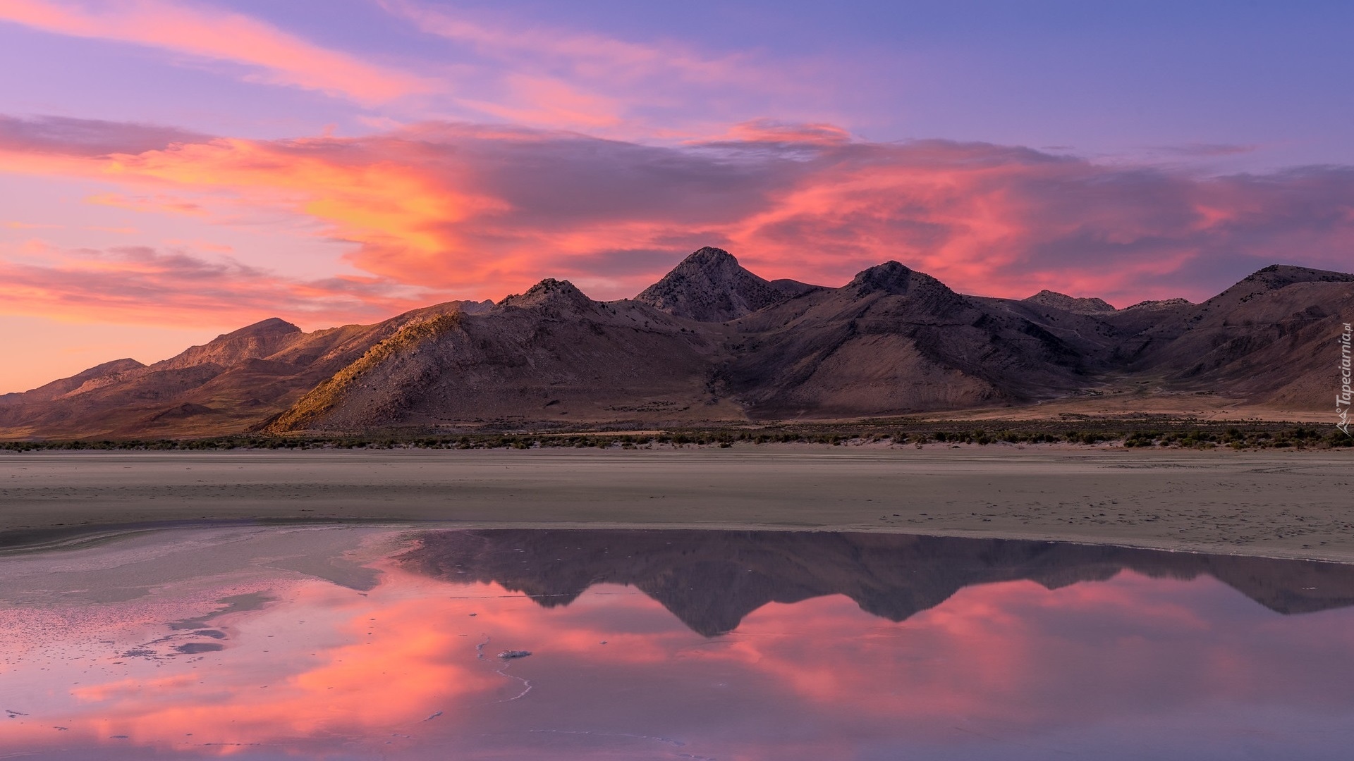 Jezioro, Wielkie Jezioro Słone, Great Salt Lake, Góry Wasatch, Zachód słońca, Stan Utah, Stany Zjednoczone