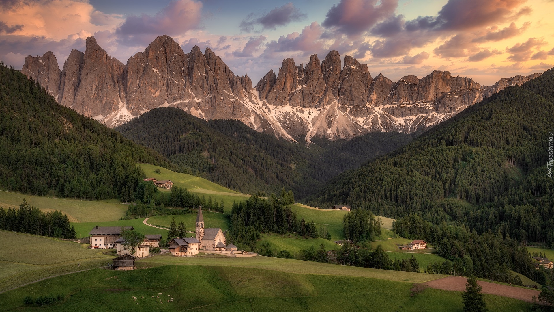 Góry, Dolomity, Masyw Odle, Wieś, Santa Maddalena, Dolina Val di Funes, Drzewa, Lasy, Zabudowania, Kościół, Włochy