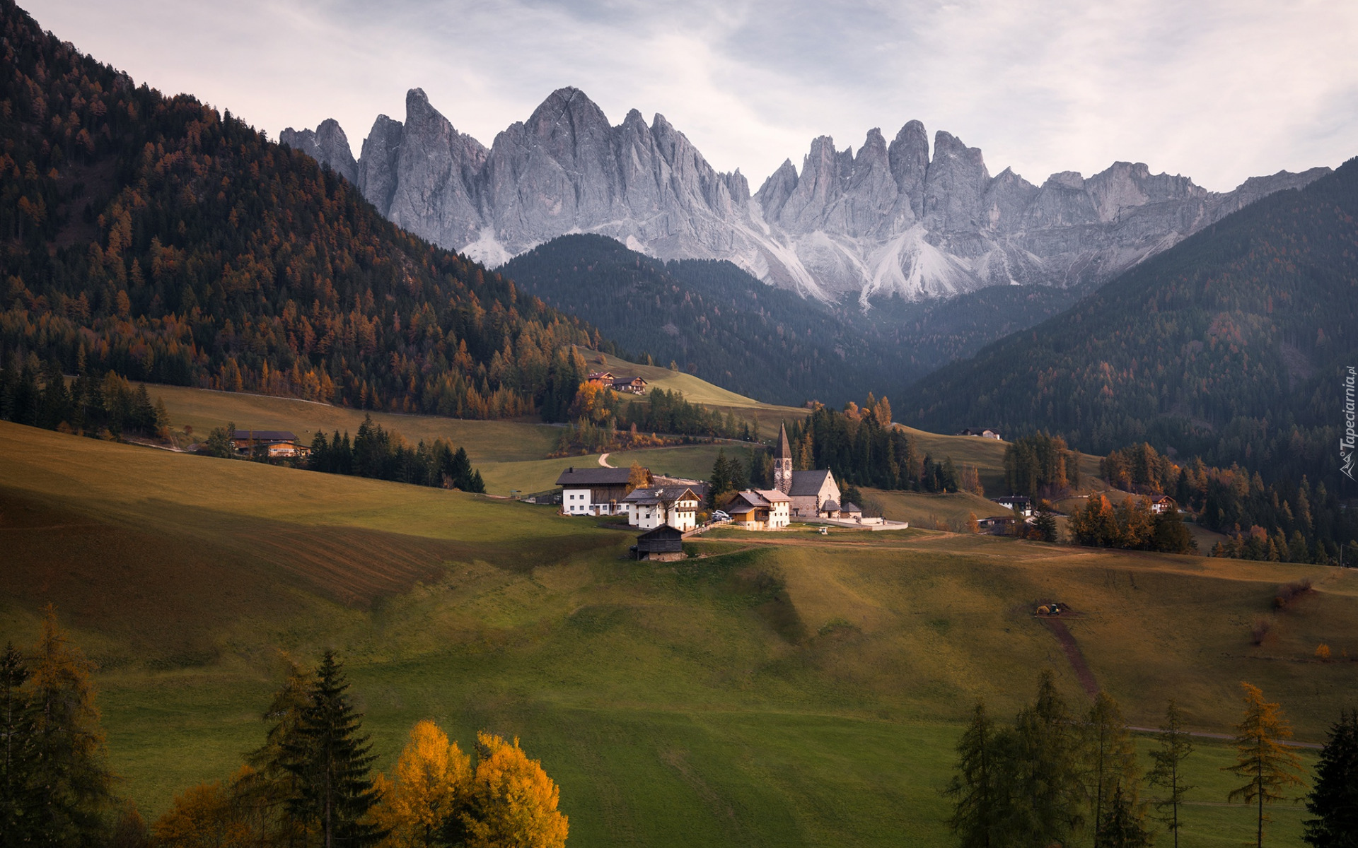 Góry, Dolomity, Jesień, Wieś, Santa Maddalena, Kościół, Domy, Mgła, Dolina Val di Funes, Włochy