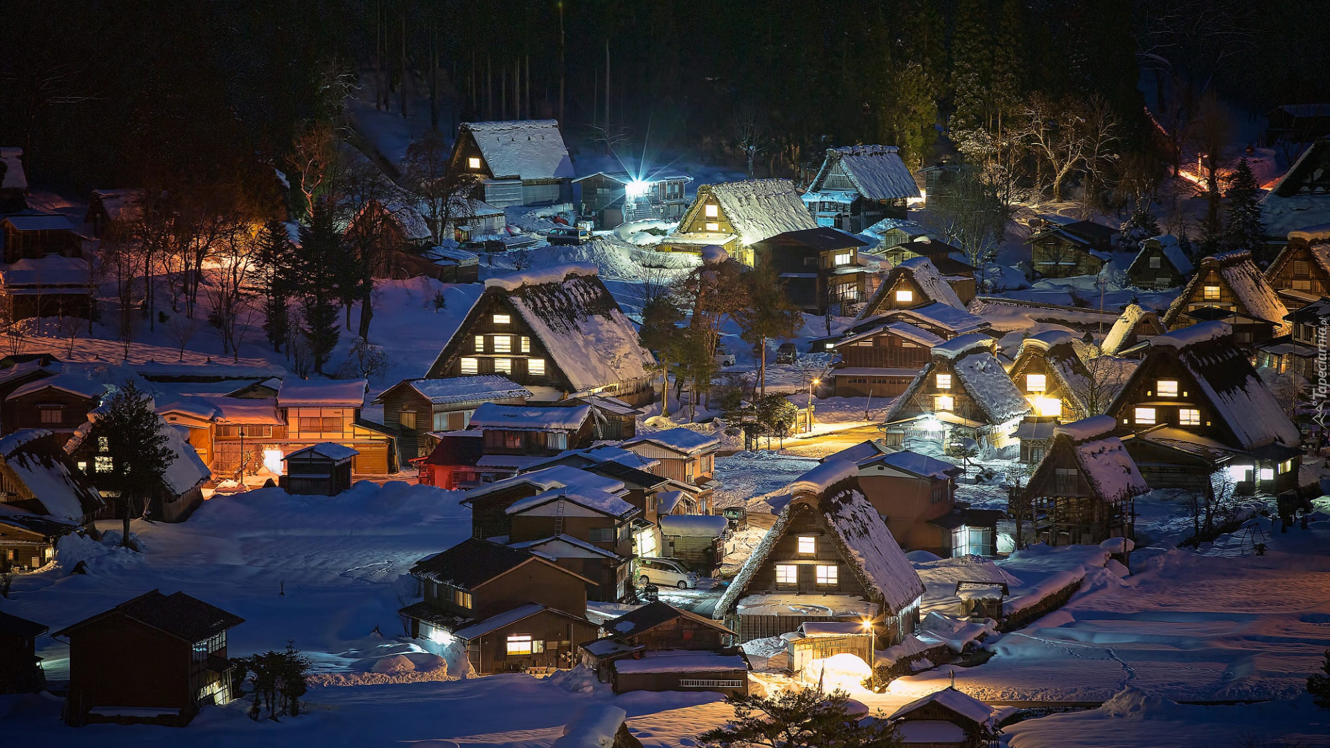 Zima, Oświetlone, Domy, Wieś Shirakawa, Prefektura Gifu, Honsiu, Japonia