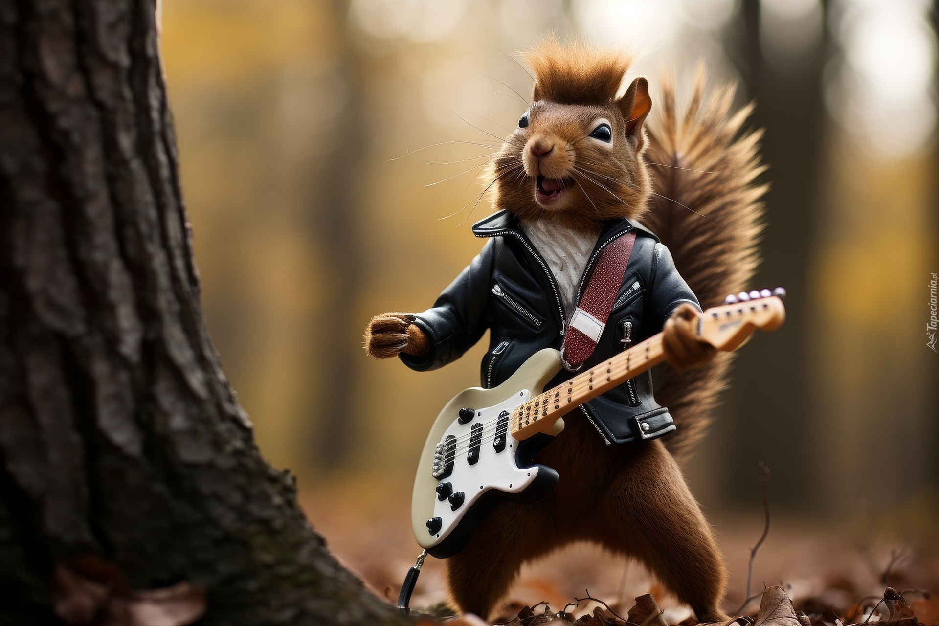 Wiewiórka, Muzyk, Gitara, Las, Śmieszne, Grafika
