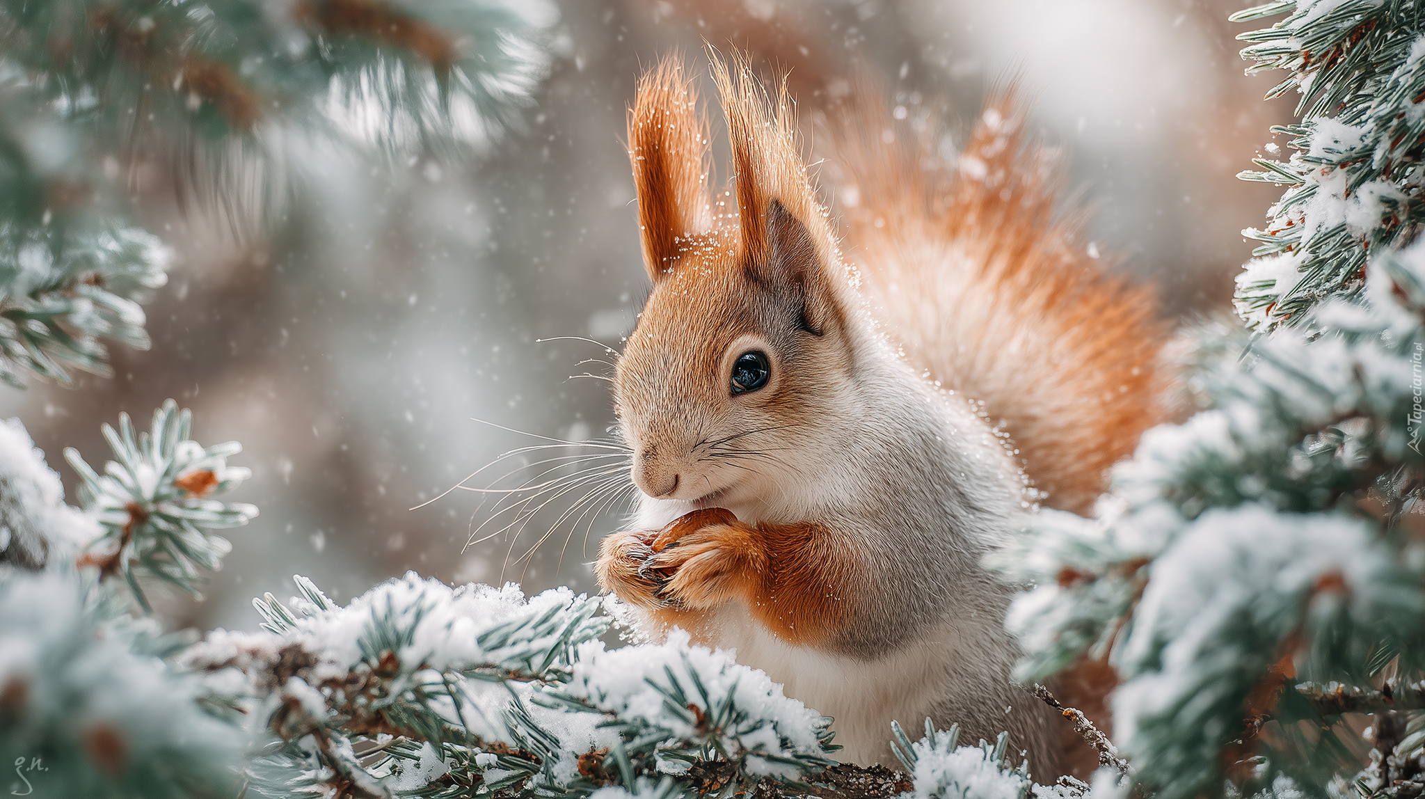 Wiewiórka, Gałązki, Śnieg, Zima, Grafika AI