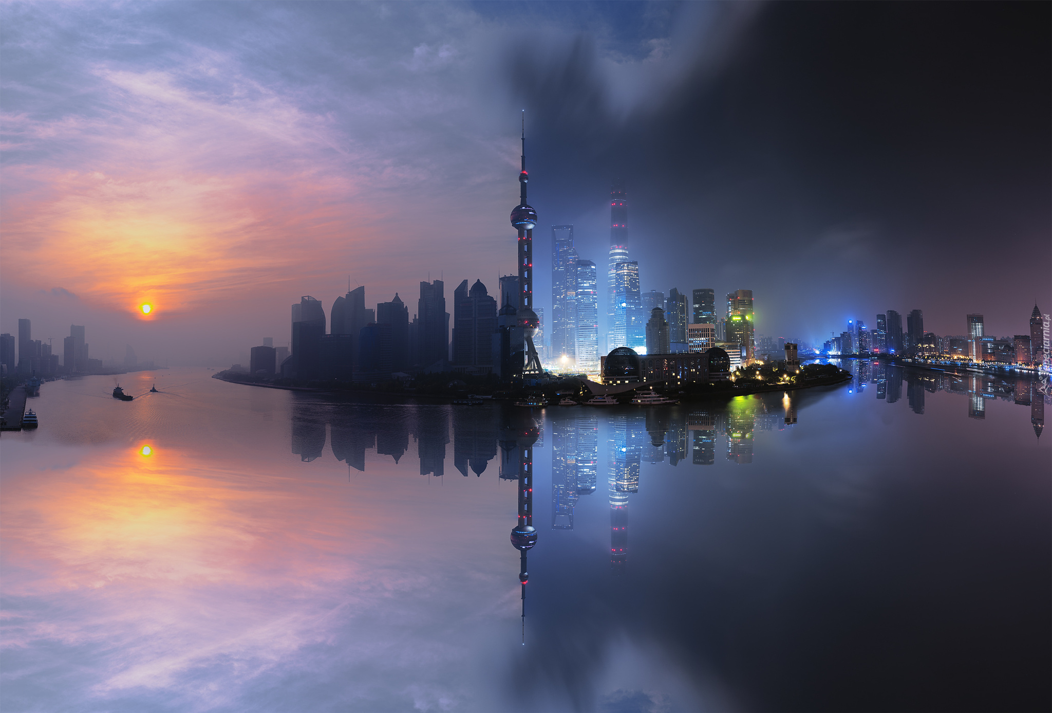 Chiny, Szanghaj, Wieża Oriental Pearl Tower, Drapacze chmur, Wschód słońca, Zmierzch, Rzeka Jangcy, Odbicie