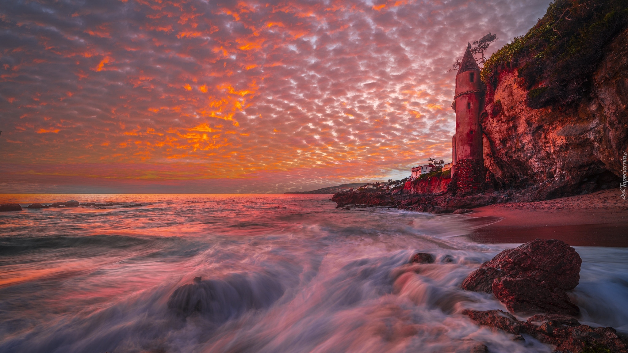 Morze, Victoria Beach, Wieża, Pirate Tower, Klif, Skały, Zachód słońca, Kalifornia, Stany Zjednoczone