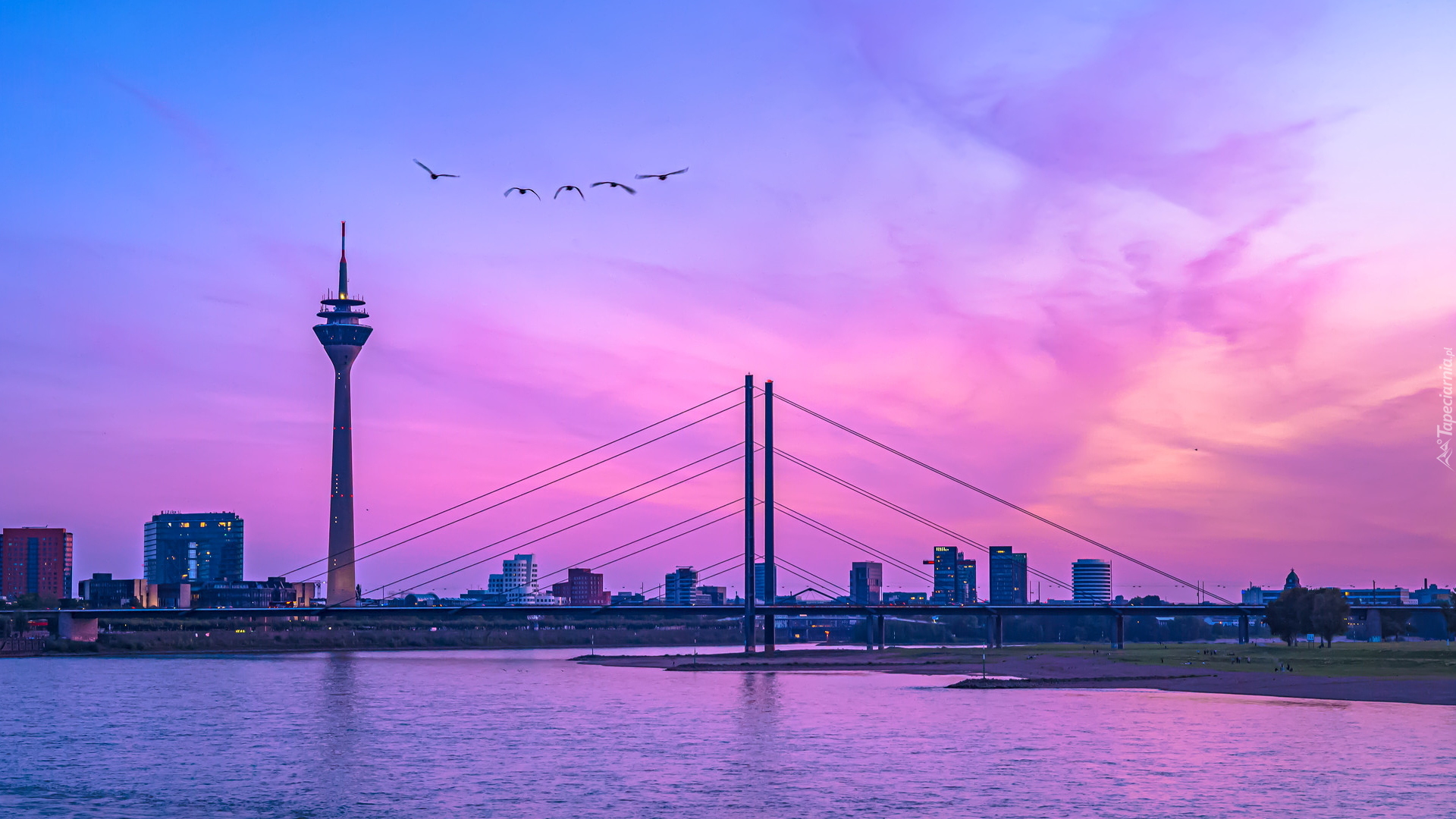 Dusseldorf, Niemcy, Rzeka Ren, Wieża telekomunikacyjna, Rhine Tower