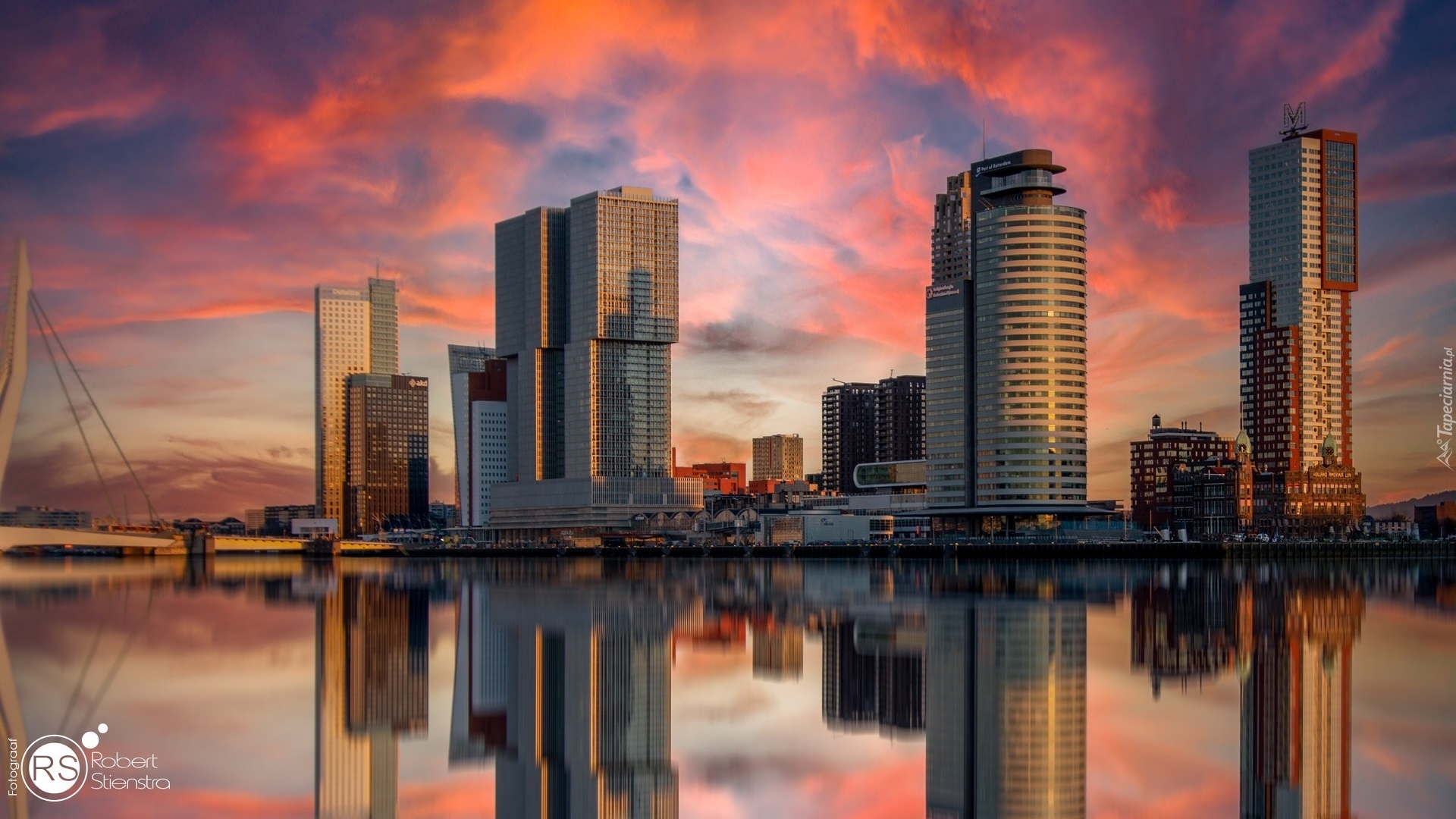 Wieżowce, Most, Erasmus Bridge, Odbicie, Zachodu słońca, Rotterdam, Holandia