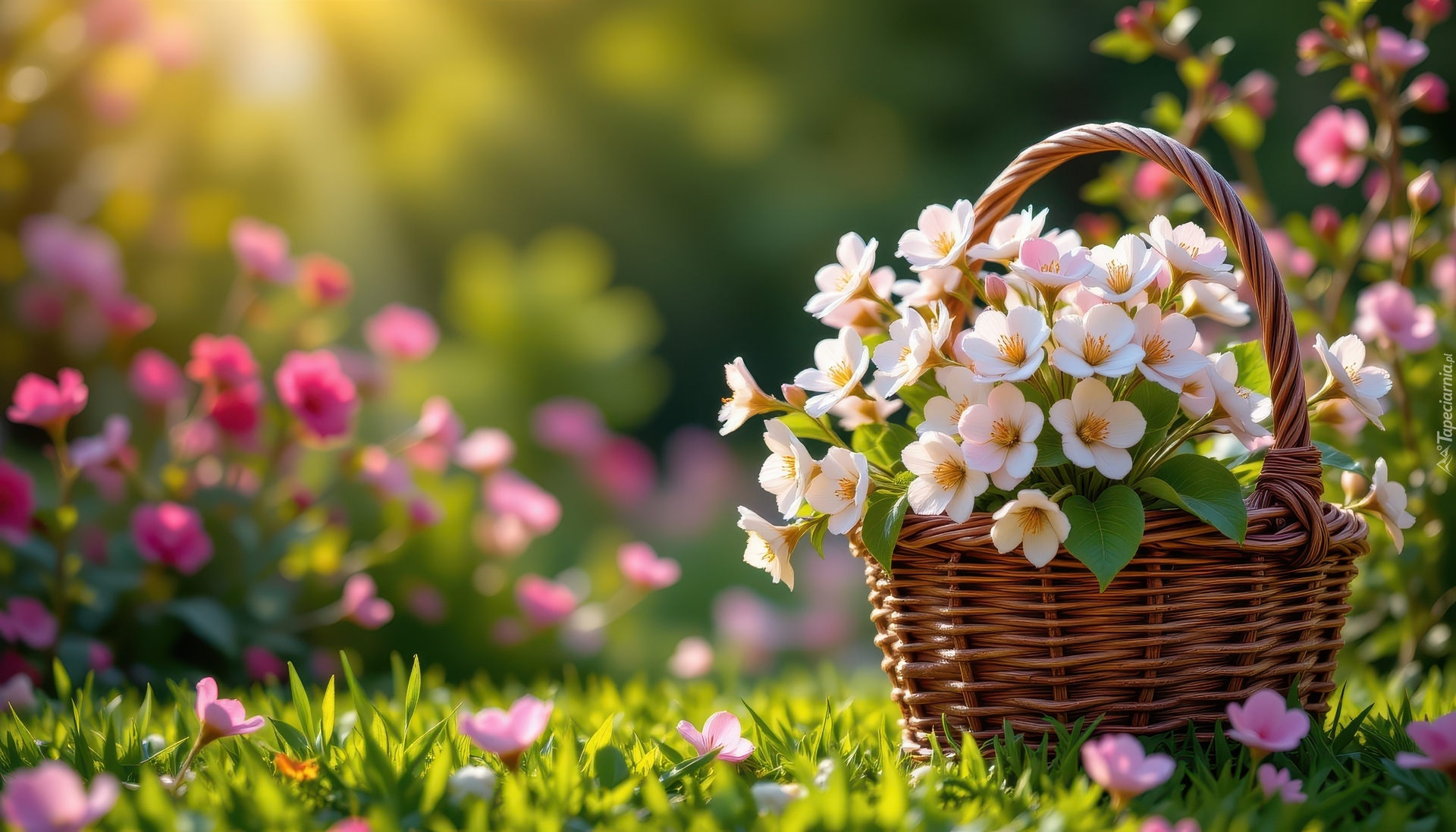 Białe, Różowe, Kwiaty, Wiklinowy, Koszyk, Trawa