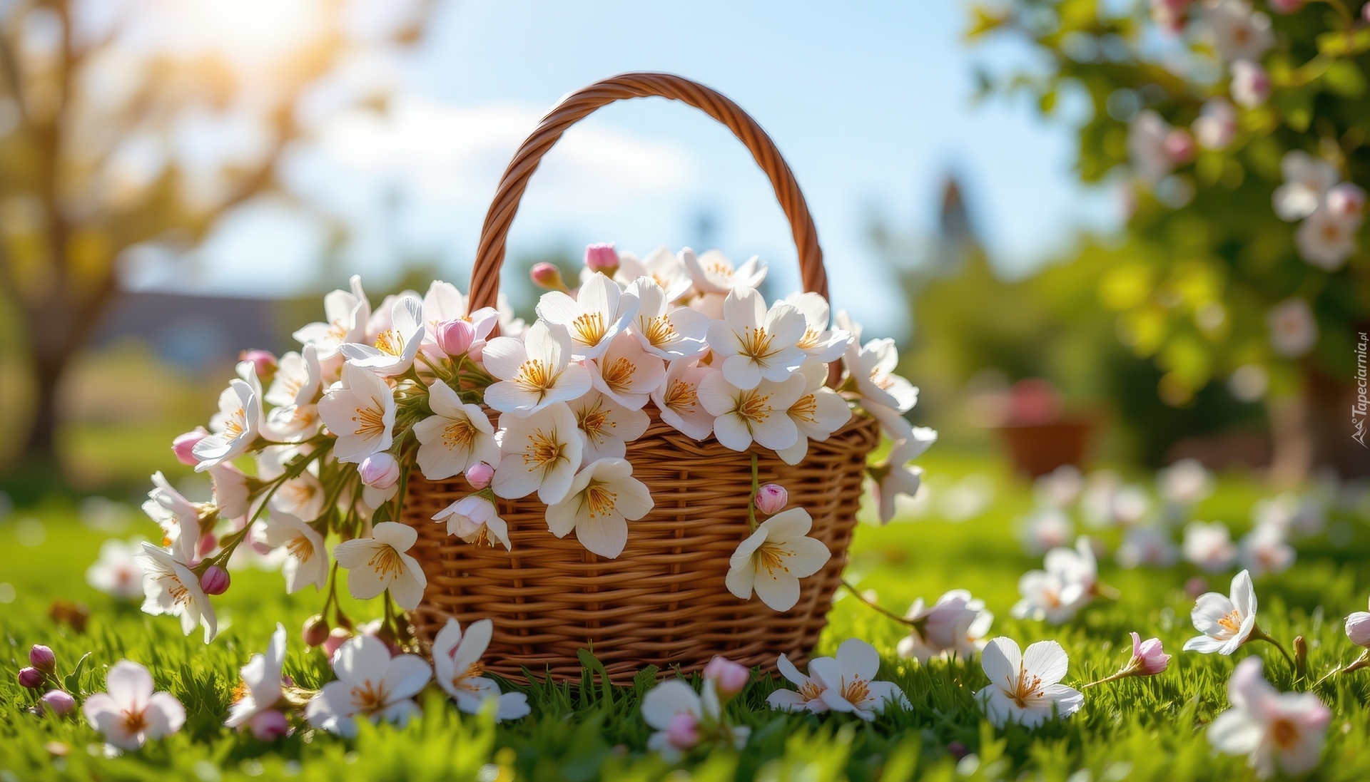 Białe, Różowe, Drobne, Kwiaty, Wiklinowy, Koszyk
