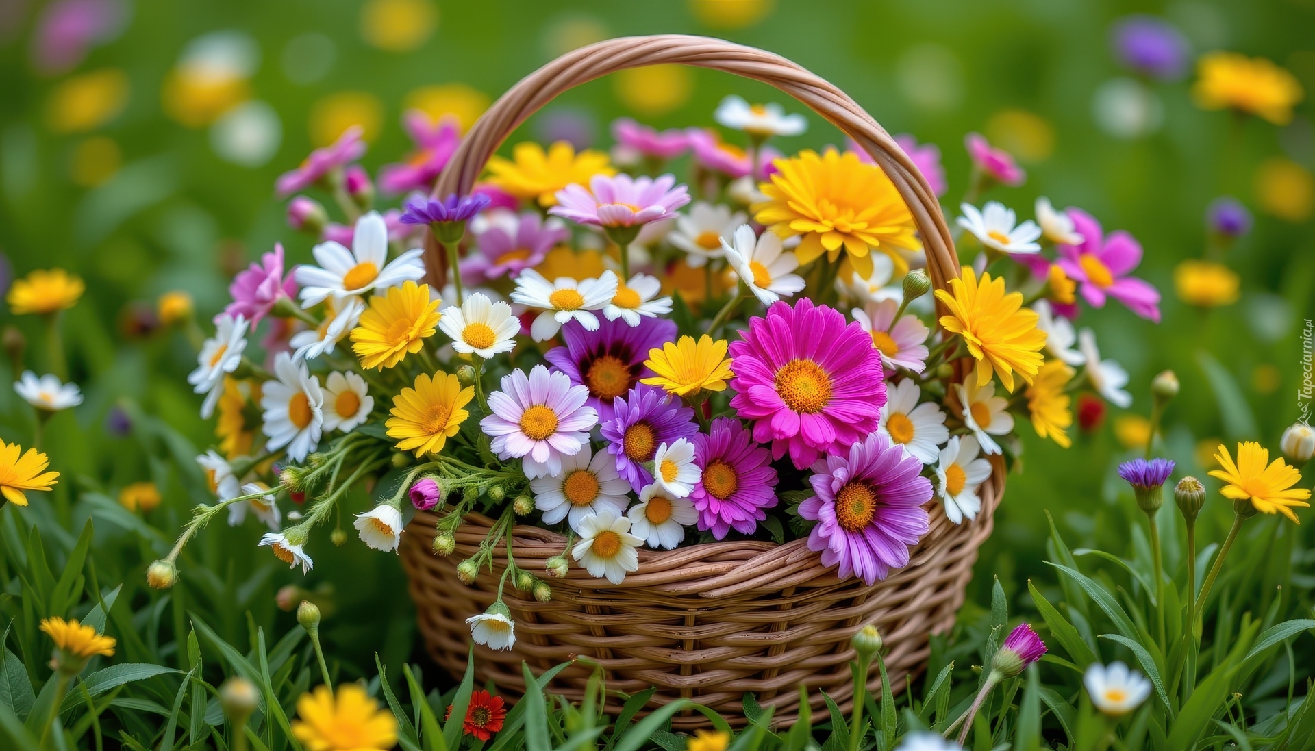 Kolorowe, Polne, Kwiaty, Bukiet, Wiklinowy, Koszyk