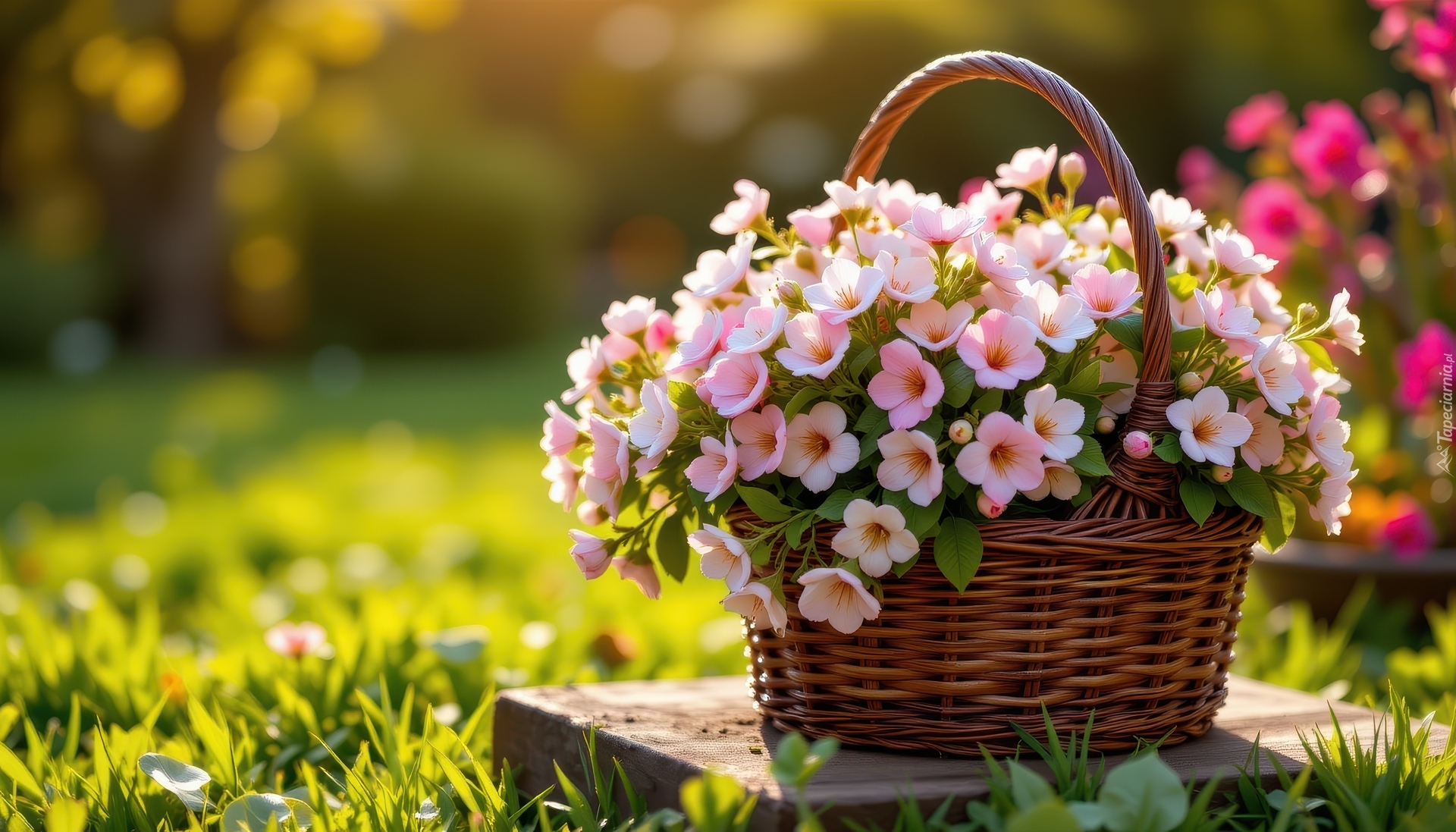 Różowe, Drobne, Kwiaty, Wiklinowy, Koszyk, Trawa