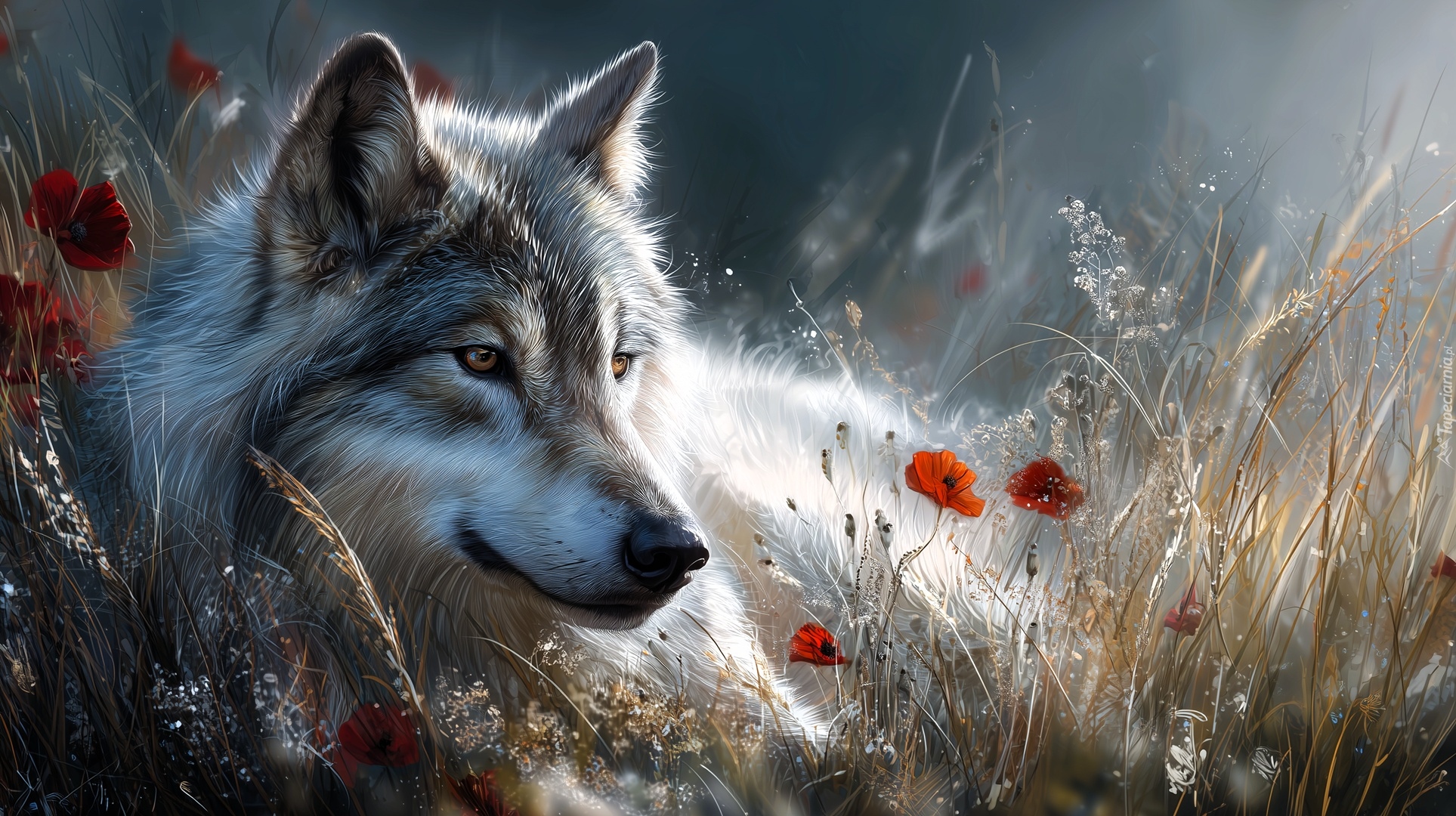 Wilk, Trawy, Maki, Grafika AI