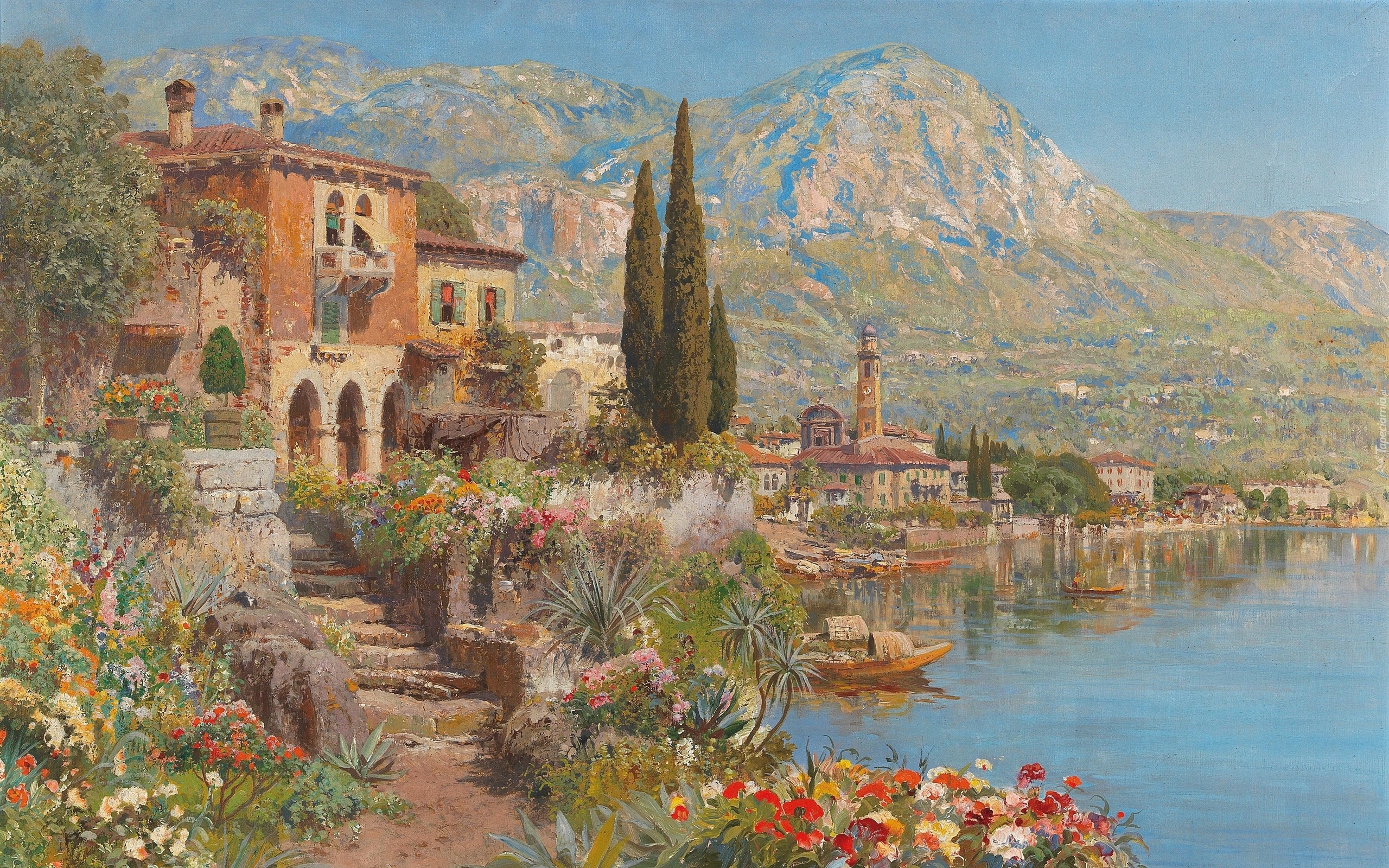 Malarstwo, Alois Arnegger, Włochy, Riva del Garda, Jezioro Garda, Dom, Góry