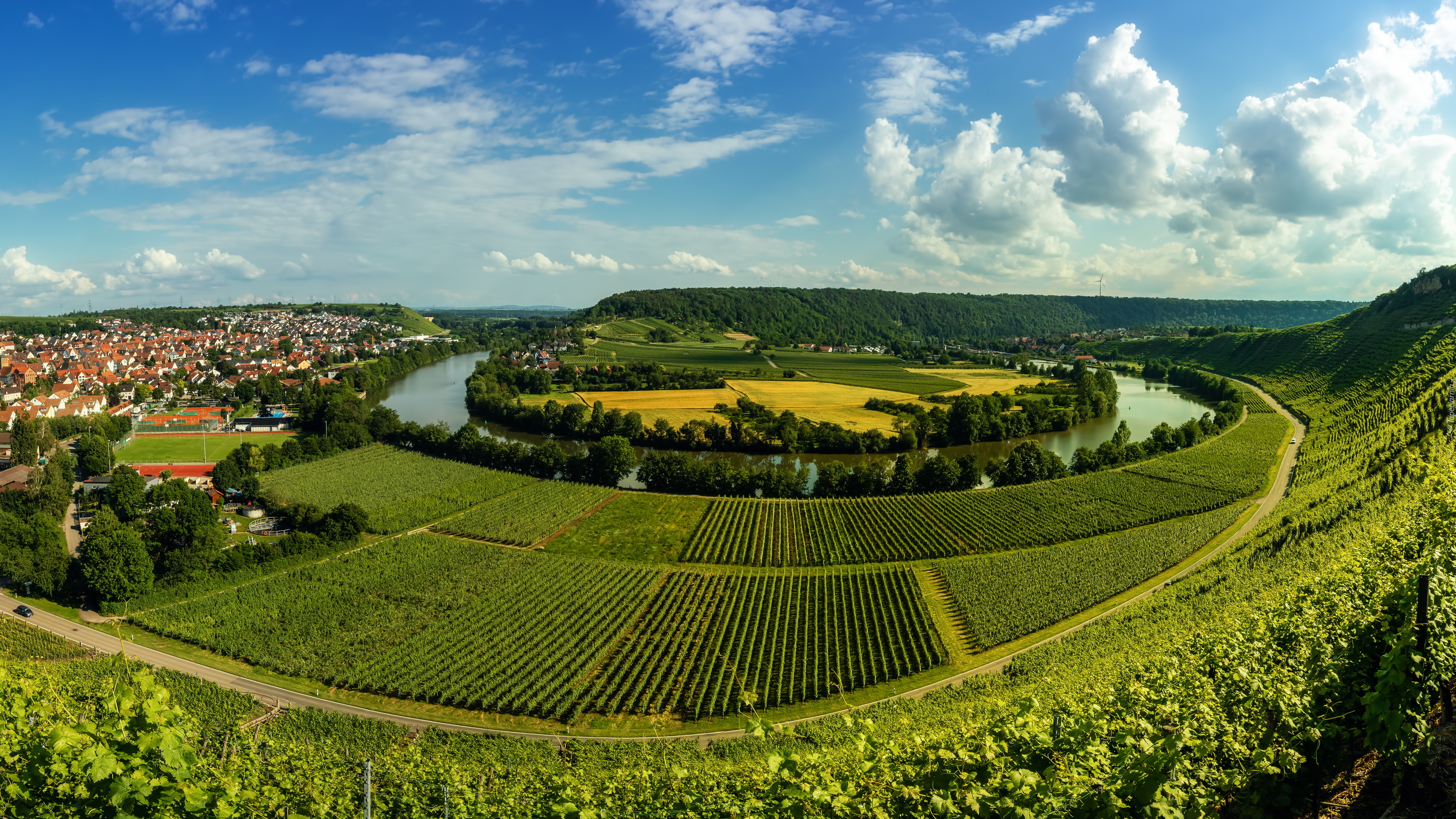 Uprawy, Pola, Winnice, Droga, Rzeka Neckar, Mundelsheim, Powiat Ludwigsburg, Niemcy