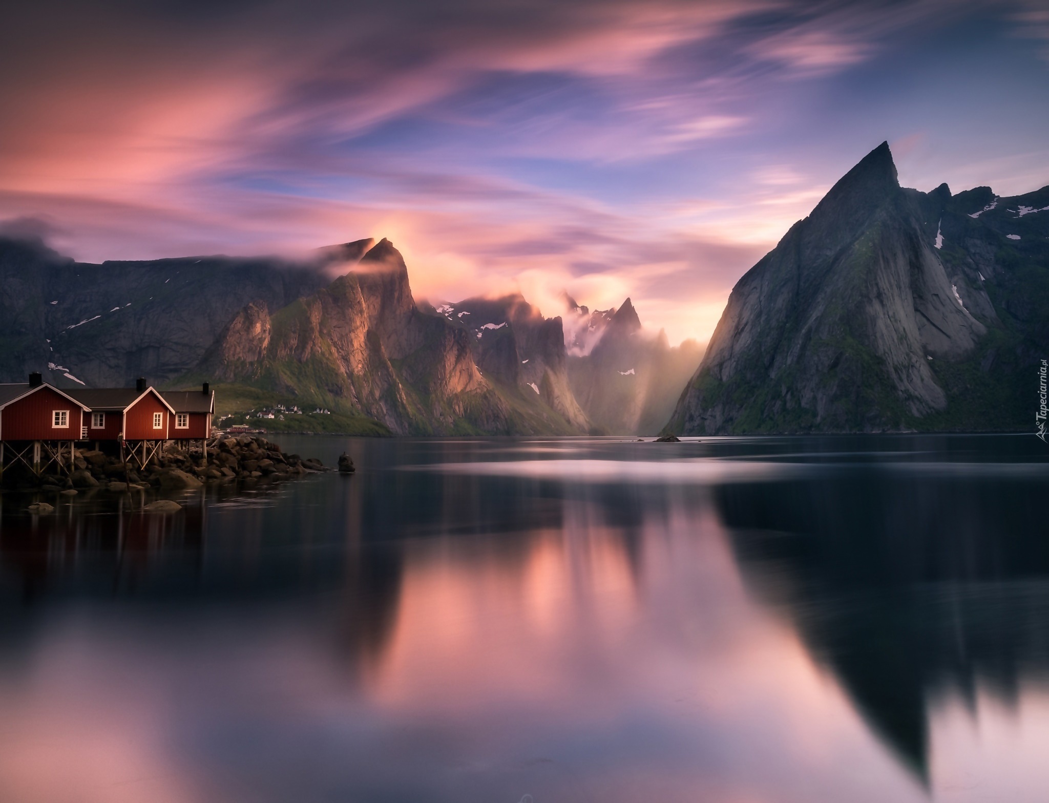 Norwegia, Wioska Hamnoy, Góry, Morze, Lofoty