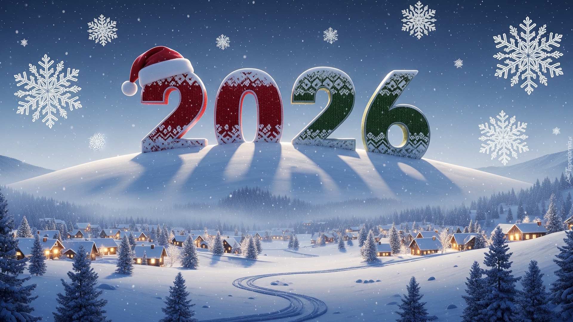 Nowy Rok, 2026, Wioska, Domki, Choinki, Drzewa