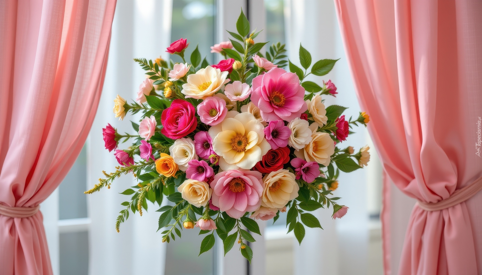 Wiszący, Bukiet, Kwiaty, Okno, Zasłony, Grafika AI