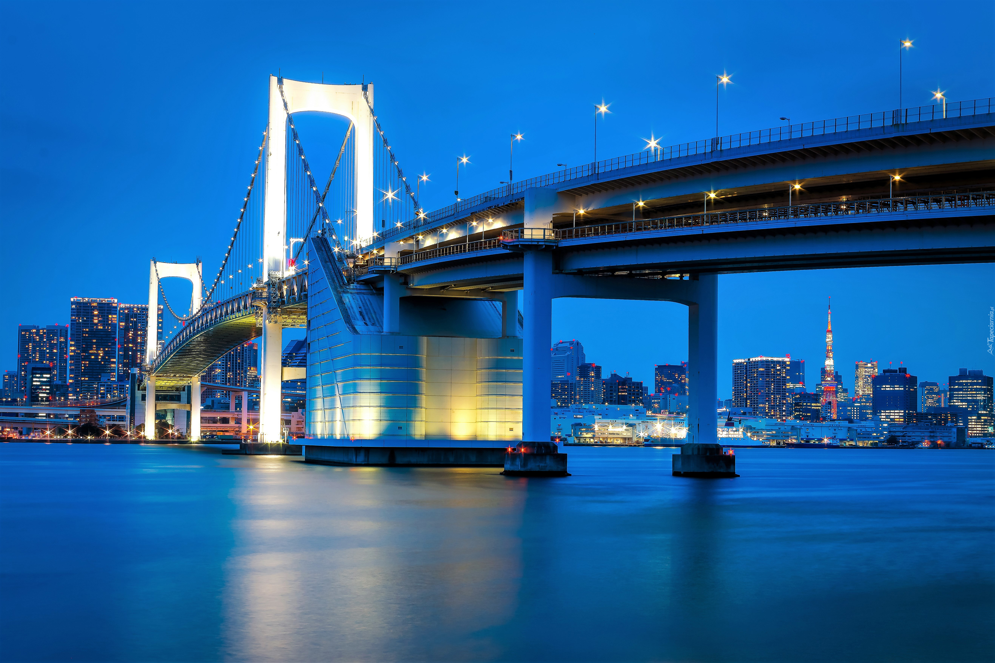Japonia, Tokio, Zatoka Tokijska, Most Rainbow Bridge, Wieczór