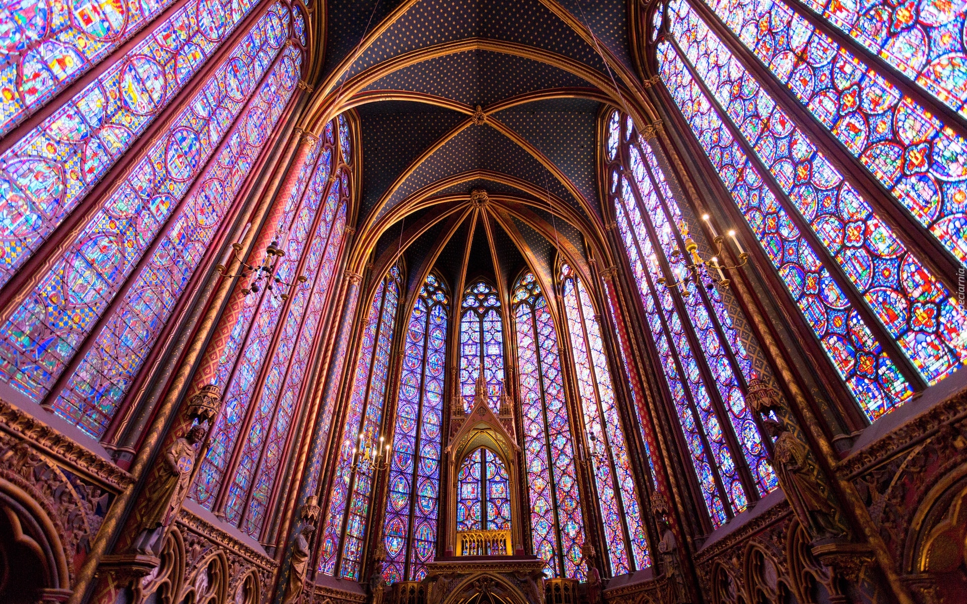 Francja, Paryż, Katedra, Sainte Chapelle, Wnętrze, Sklepienie, Witraże, Kościół