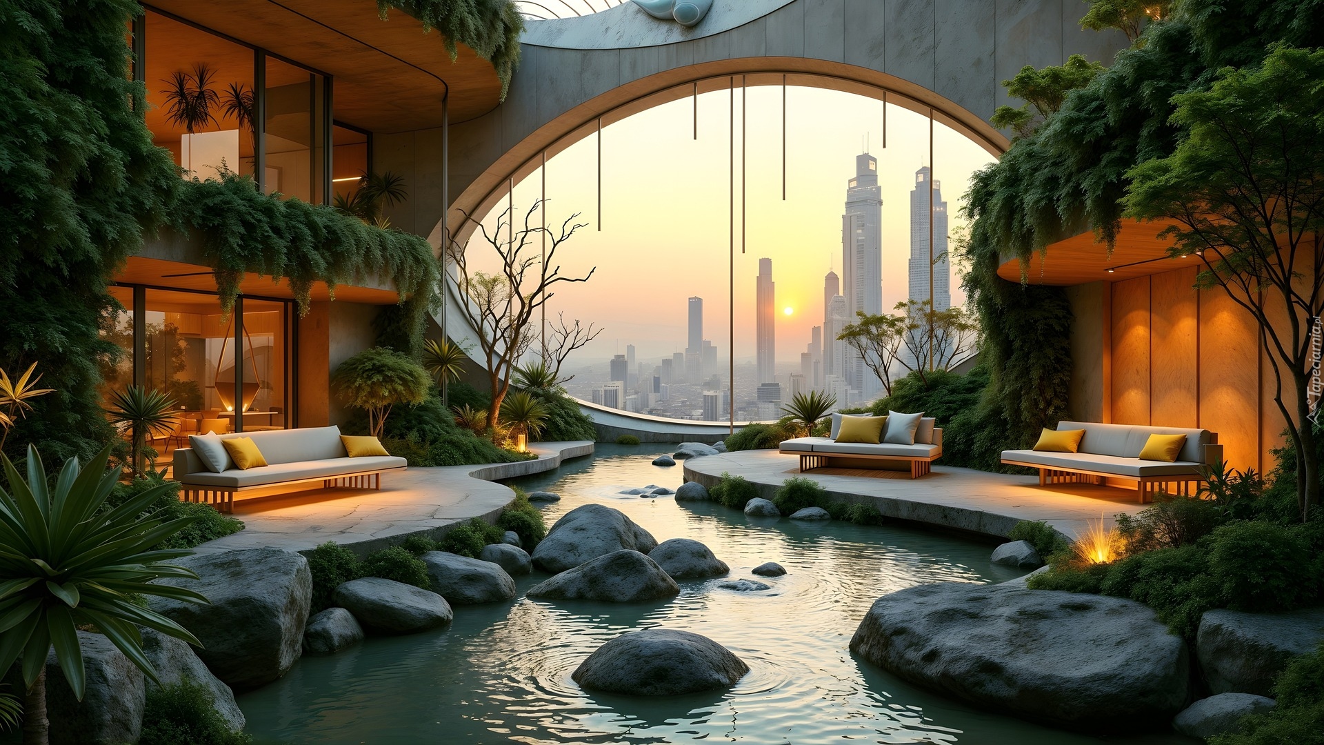 Wnętrze, Atrium, Kanapy, Okno, Woda