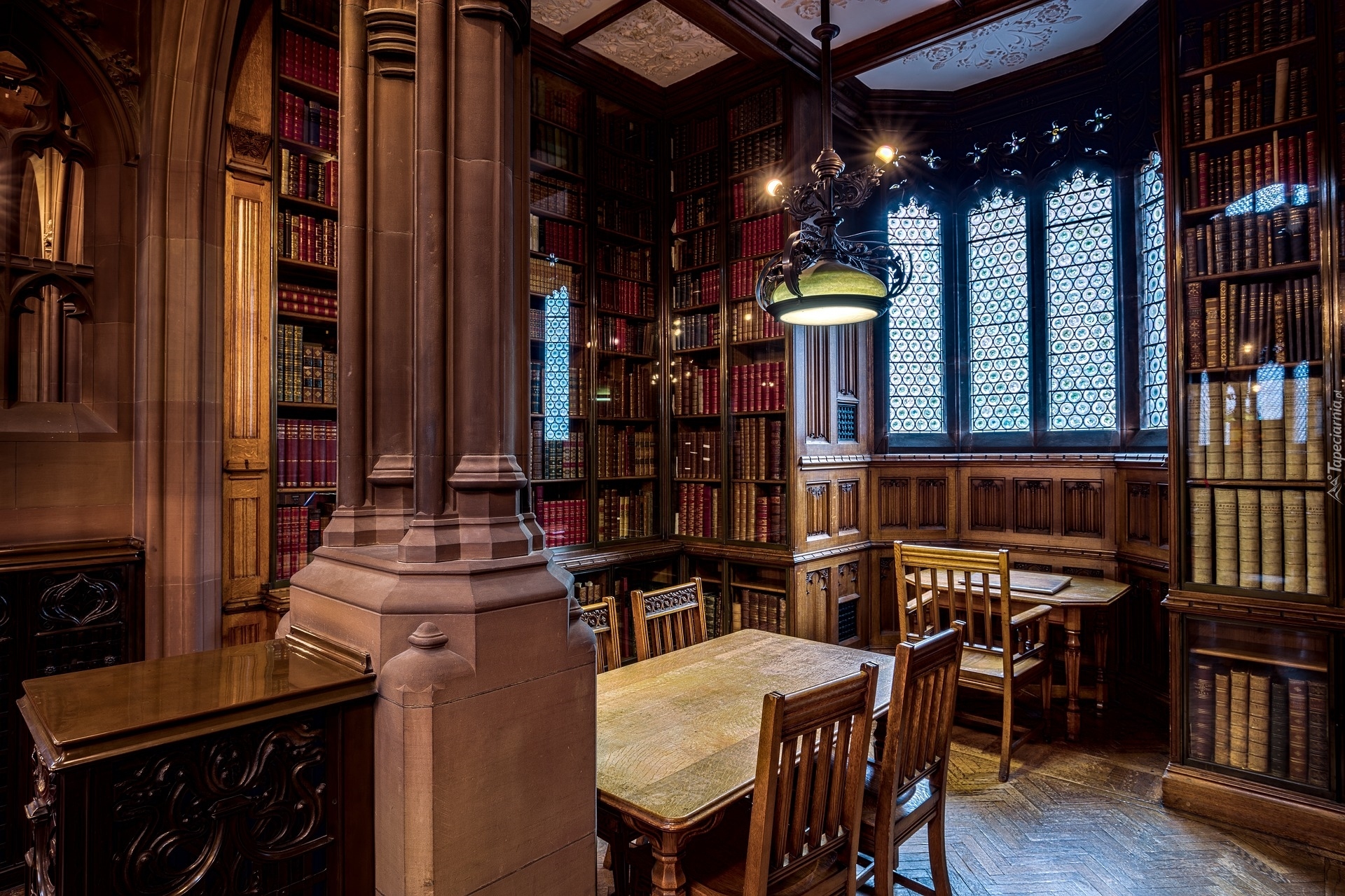 Wnętrze, Biblioteka John Rylands Library, Manchester, Anglia, Książki, Stoły
