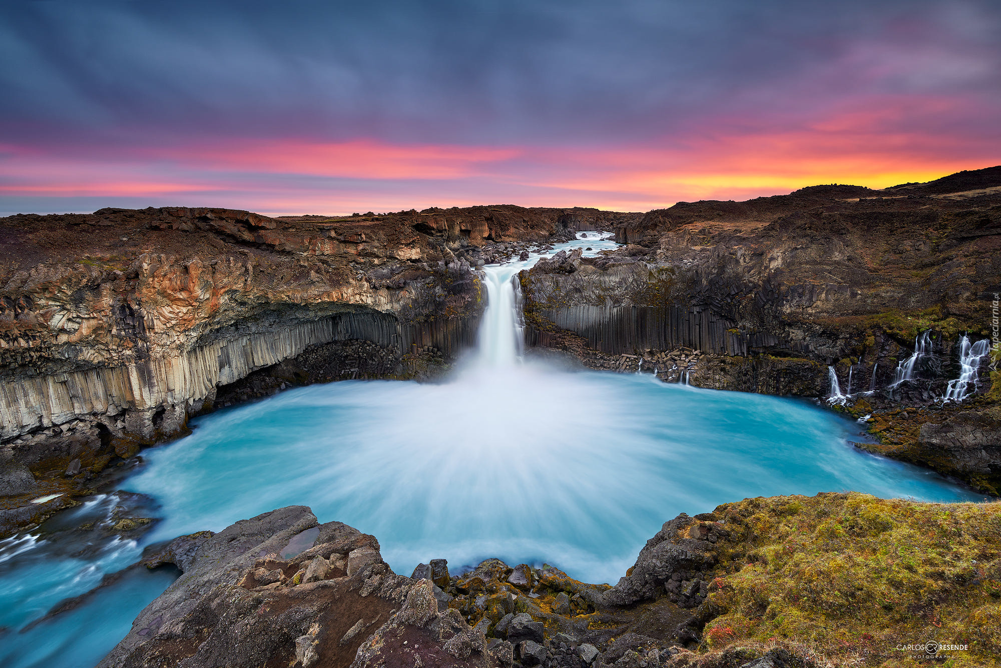 Islandia, Wodospad Aldeyjarfoss, Skały, Bazaltowe, Rzeka Skjalfandafljot, Zachód słońca