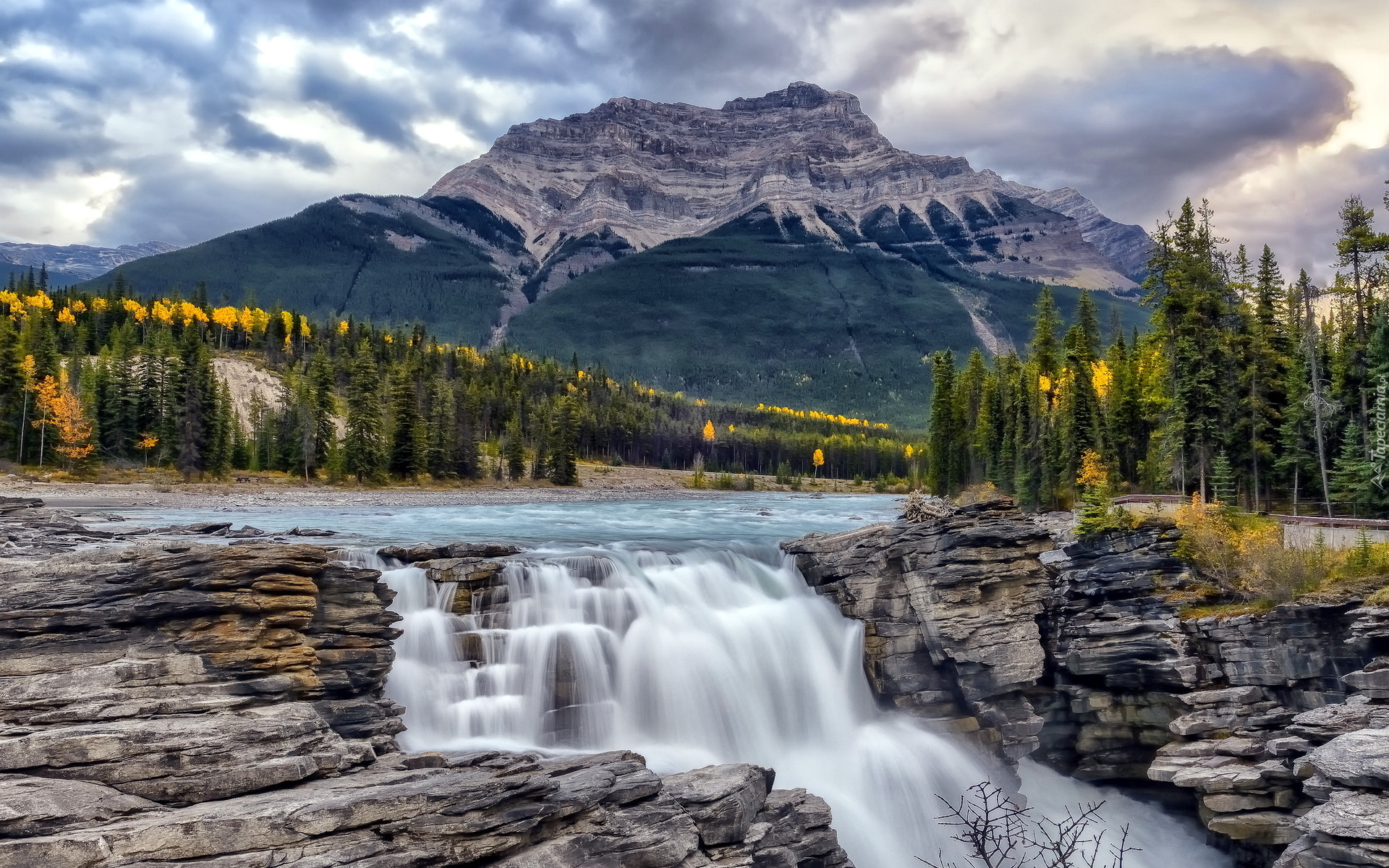 Kanada, Park Narodowy Jasper, Góry, Drzewa, Rzeka Athabasca,  Wodospad Athabasca Falls, Skały