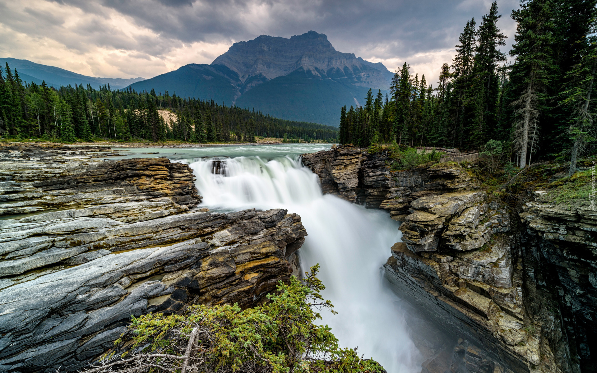 Park Narodowy Jasper, Rzeka, Athabasca River, Skały, Wodospad, Athabasca Falls, Drzewa, Chmury, Kanada