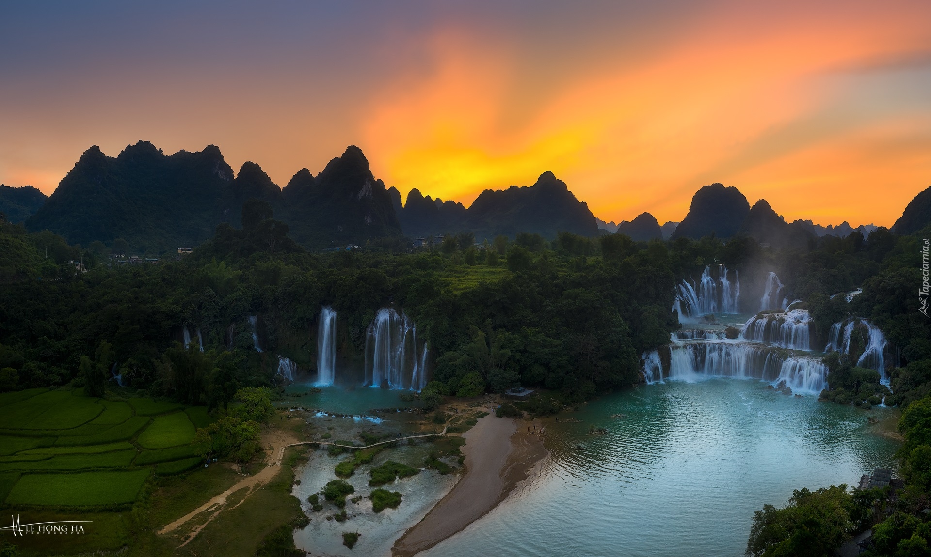 Wodospad, Ban Gioc Waterfall, Jezioro, Rzeka, Cao Bang, Góry, Zachód słońca, Wietnam