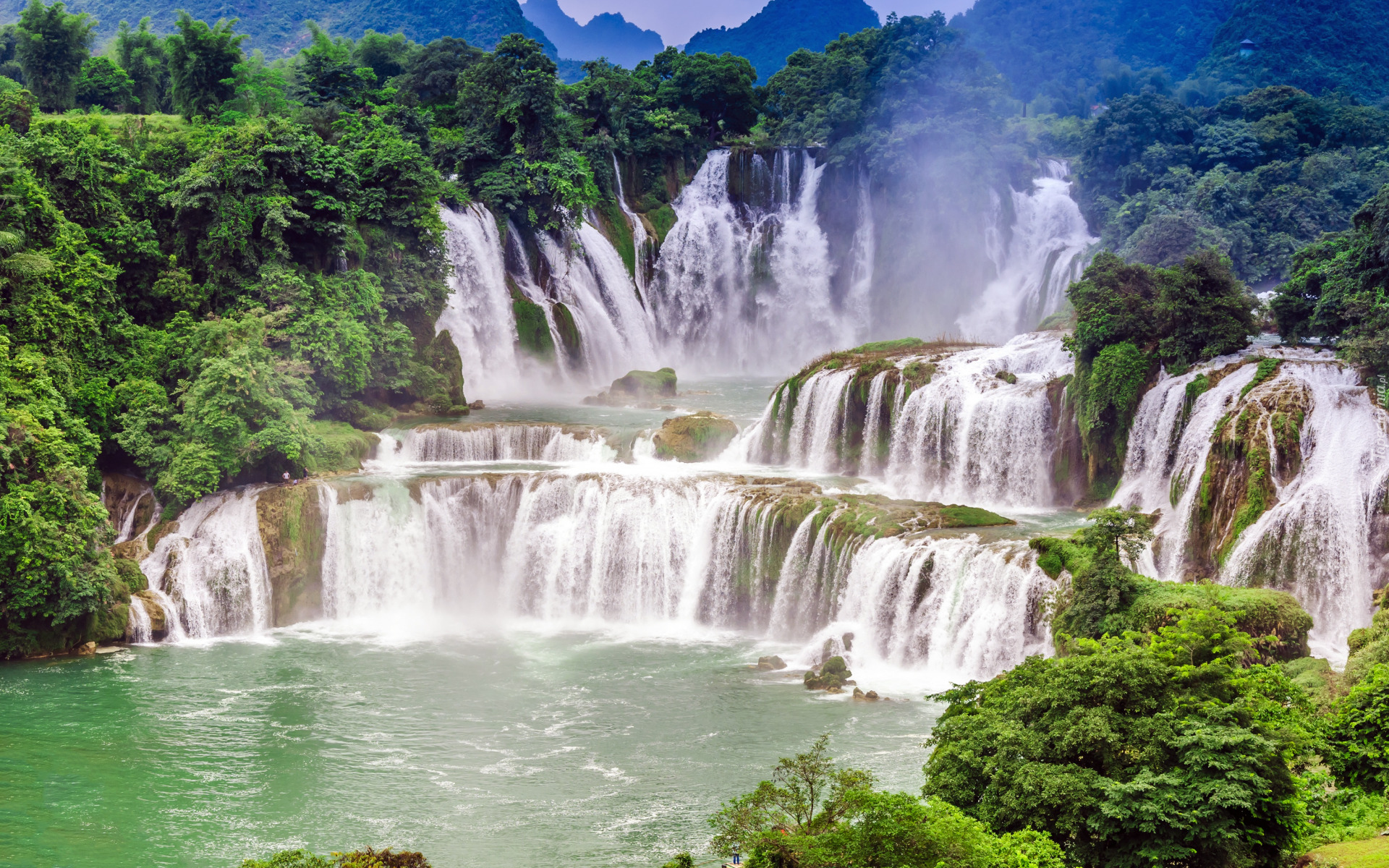 Wodospad, Ban Gioc Waterfall, Drzewa, Jezioro, Rzeka, Cao Bang, Wietnam