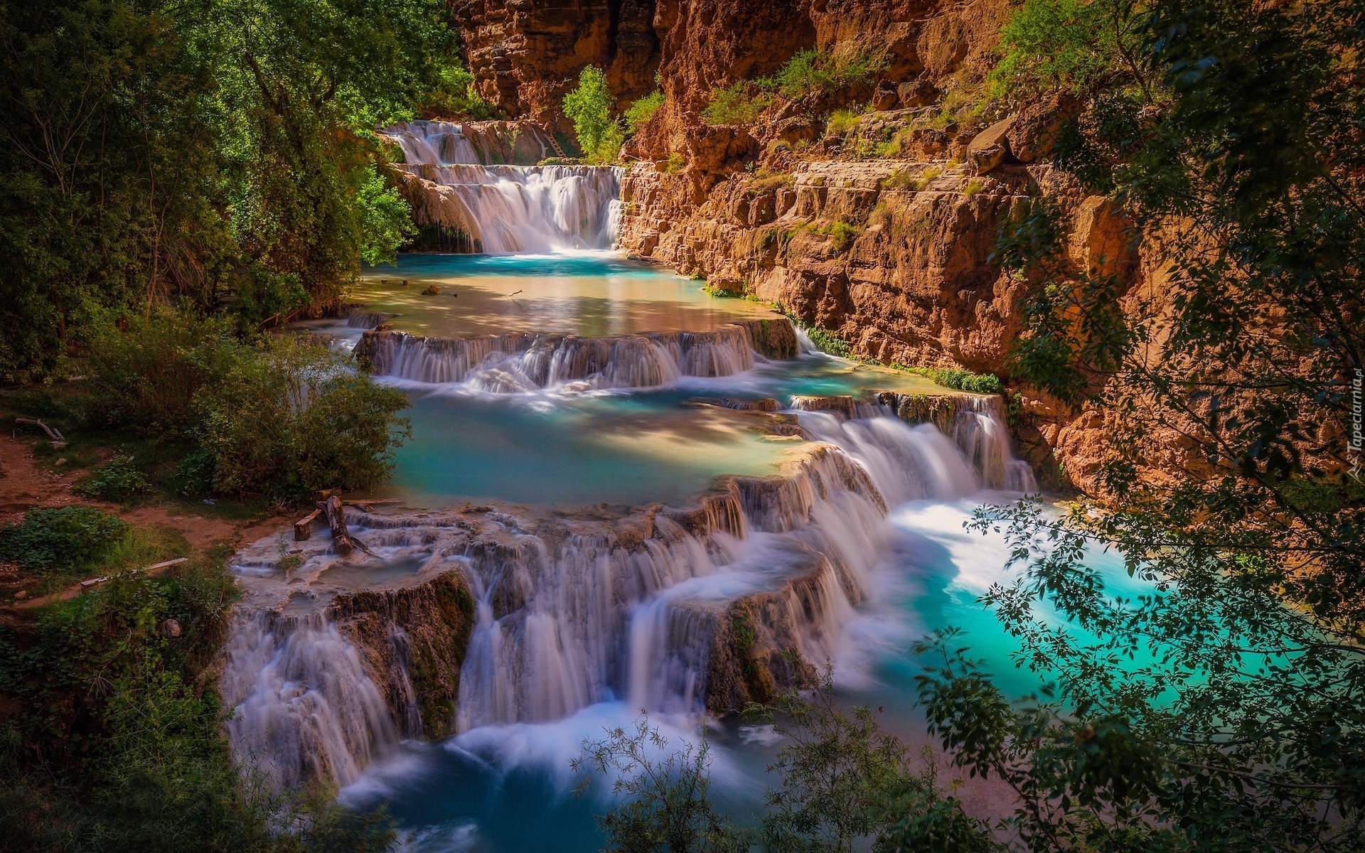 Stany Zjednoczone, Arizona, Havasupai, Wodospad, Beaver Falls, Skały, Drzewa