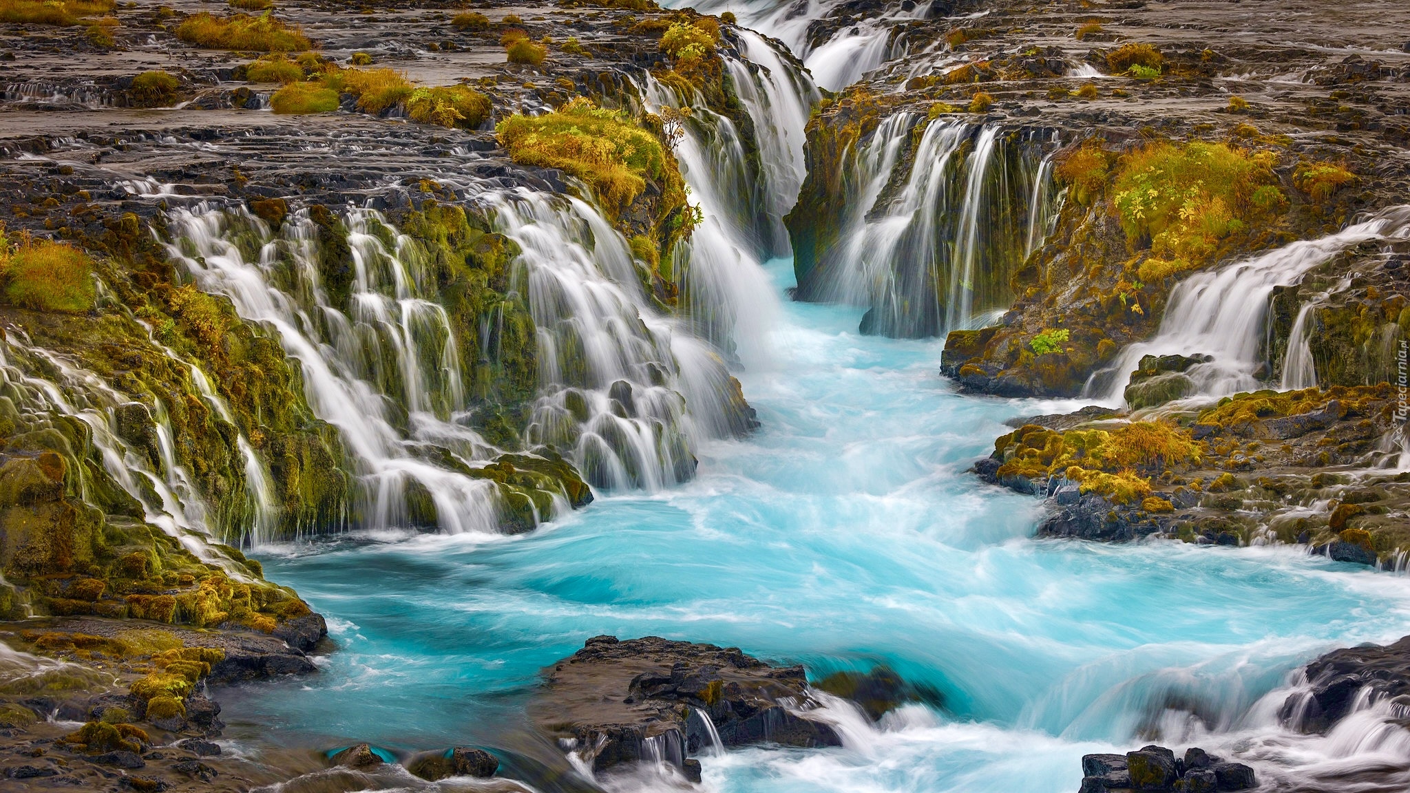 Islandia, Wodospad, Bruarfoss, Rzeka Bruara, Skały, Roślinność