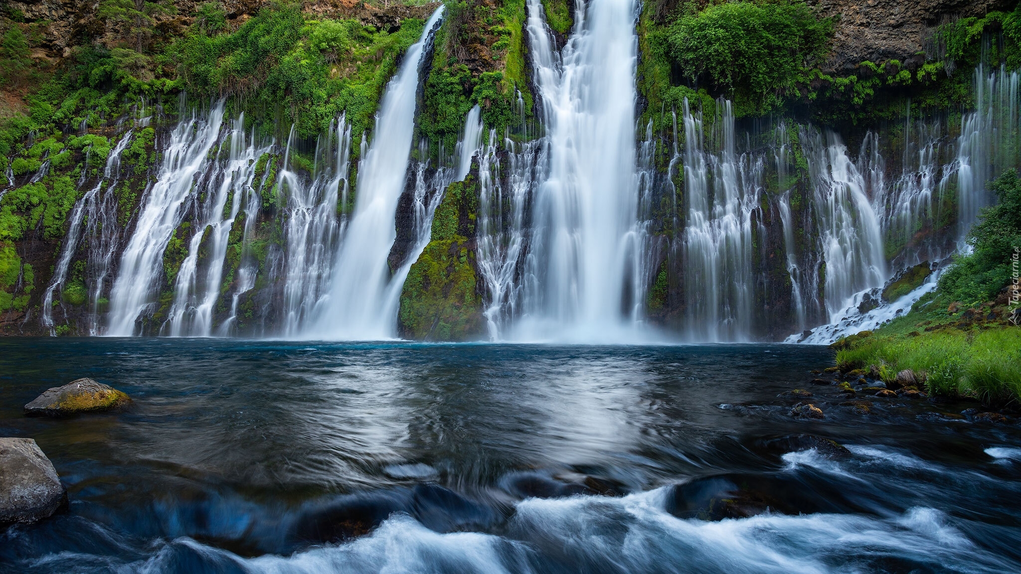 Wodospad, Burney Falls, Kaskada, Roślinność, Skały, Park Stanowy McArthur-Burney Falls, Stan Kalifornia, Stany Zjednoczone