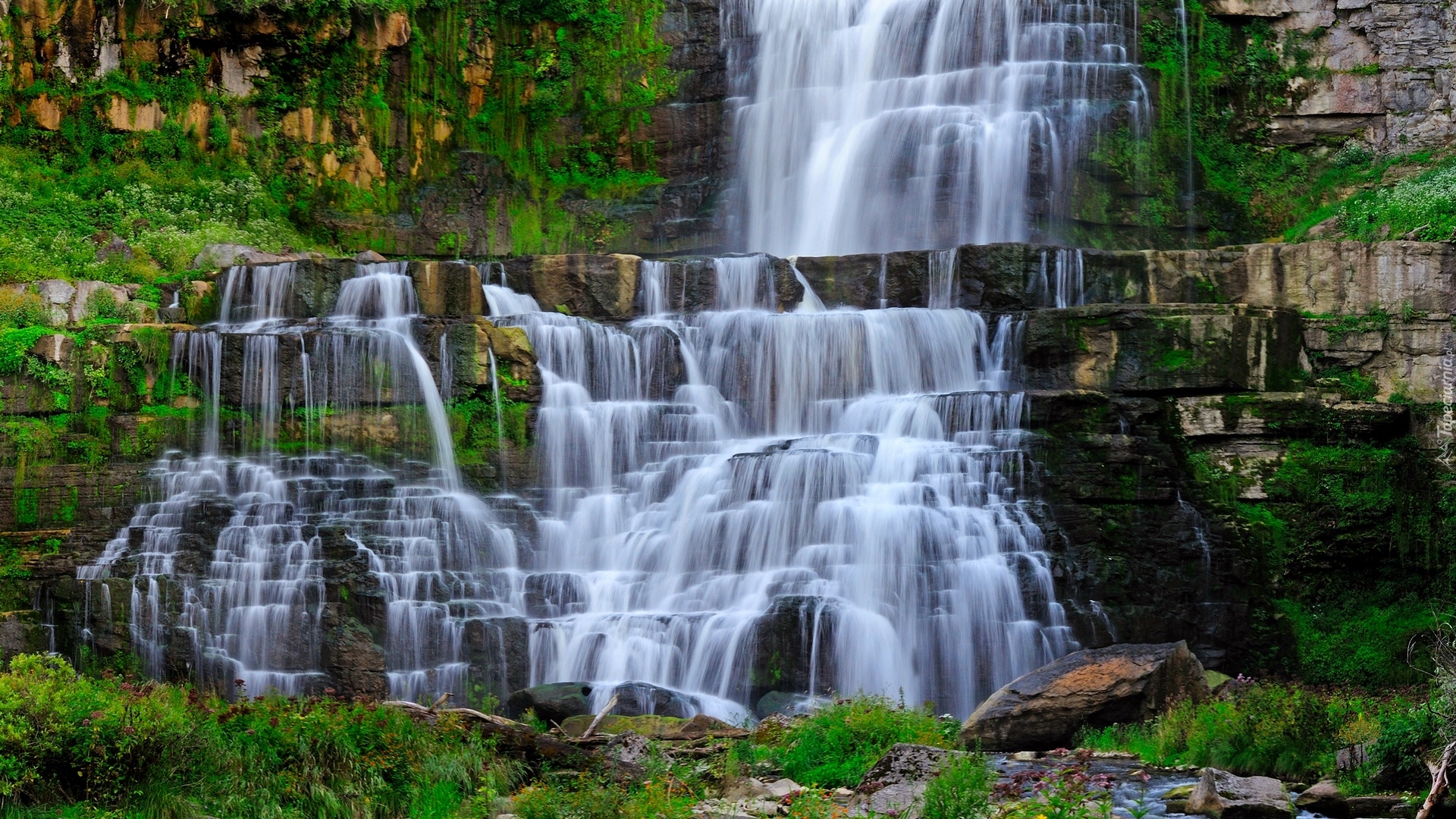 Wodospad, Chittenango Falls, Kaskada, Skały, Kamienie, Roślinność, Park miejski, Nowy Jork, Stany Zjednoczone